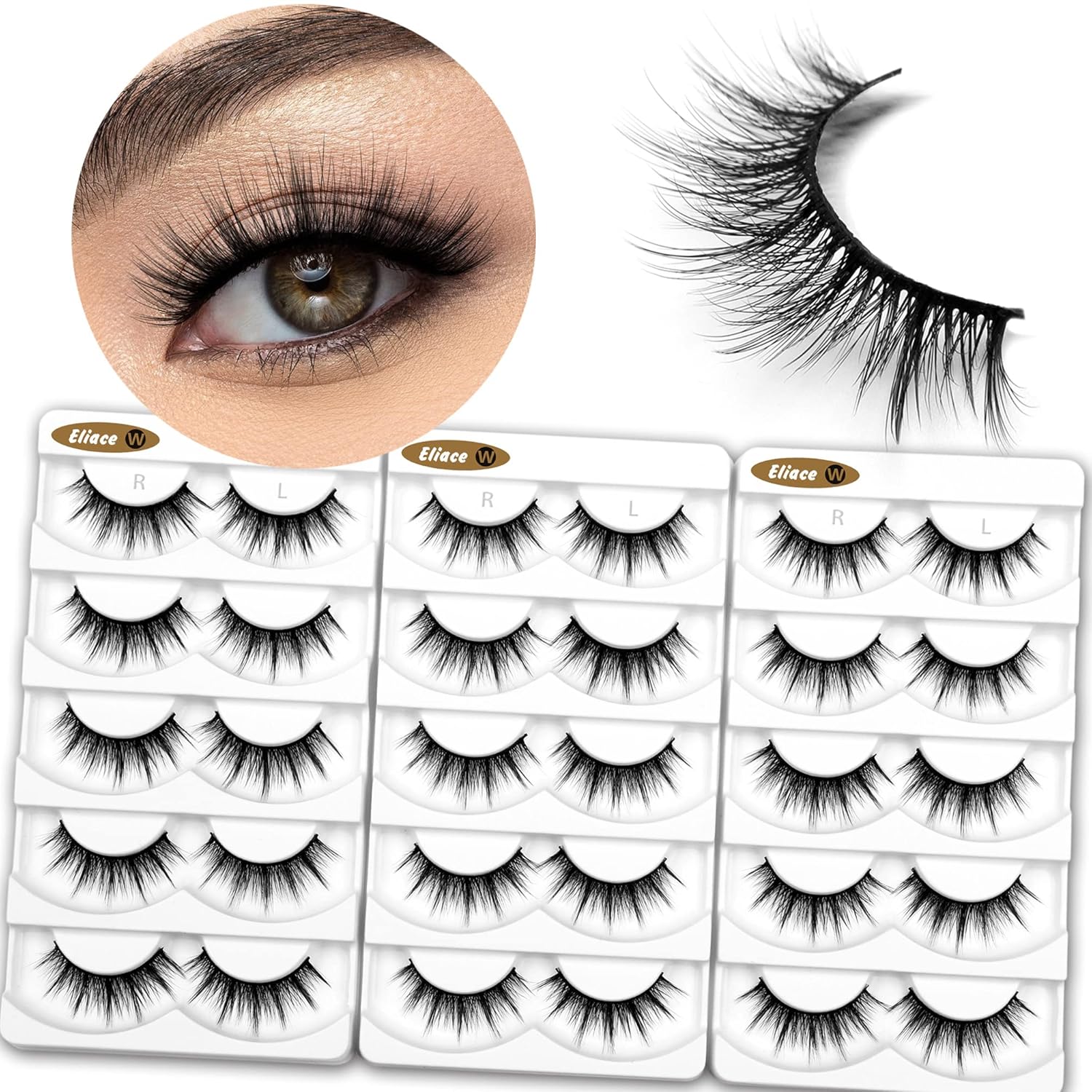 Eliace Pestañas postizas de aspecto natural, pestañas de ojo de gato, tiras finas, pestañas postizas de visón 3D, pestañas postizas de volumen