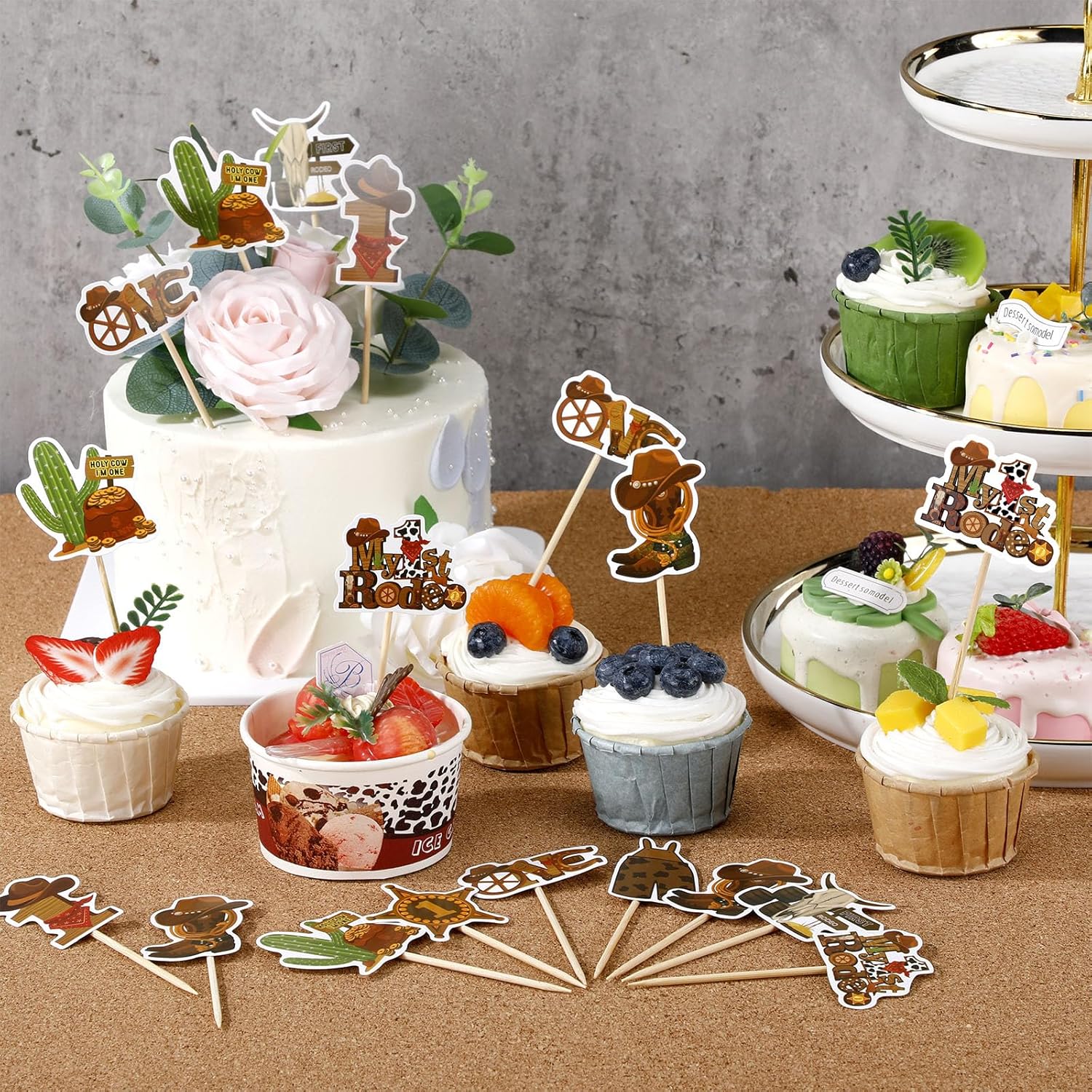 Suzile 48 piezas My 1st Rodeo Cake Topper Cowboy Cupcake Toppers Hat Boot Cow Skull Cactus Enterizo Bufanda Cowgirl Cake Decor para cumpleaños