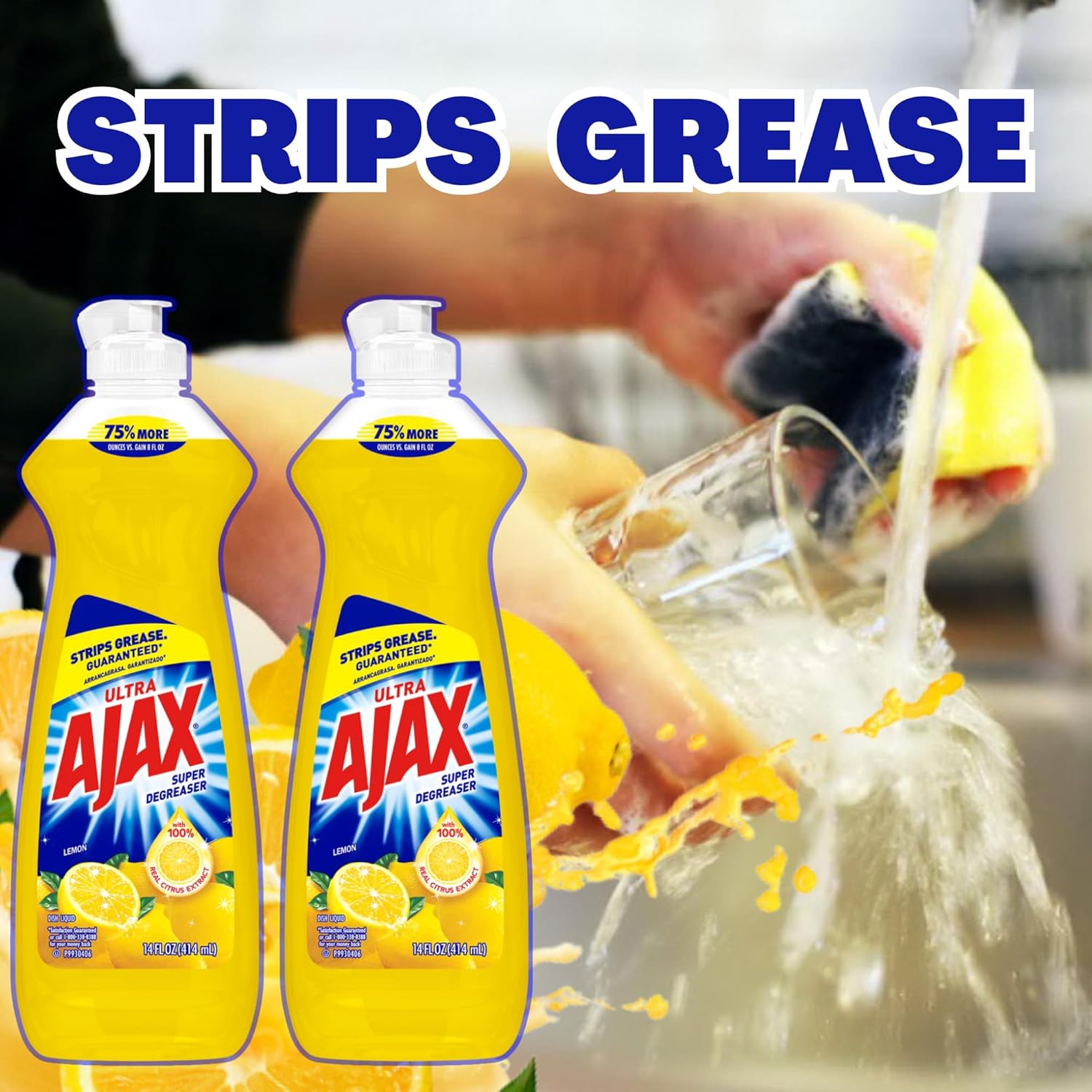Ajax – Jabón para platos Ajax líquido para lavar platos, súper desengrasante, 14 onzas líquidas (limón, 6 unidades (paquete de 1), incluye tarjeta