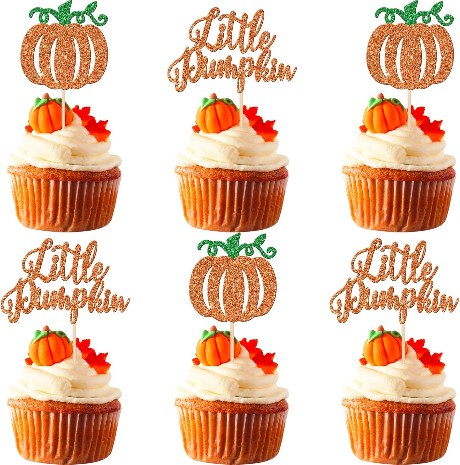 24 adornos para cupcakes de calabaza con purpurina para baby shower, temática de otoño, decoración de cupcakes de calabaza para cosecha de Acción de