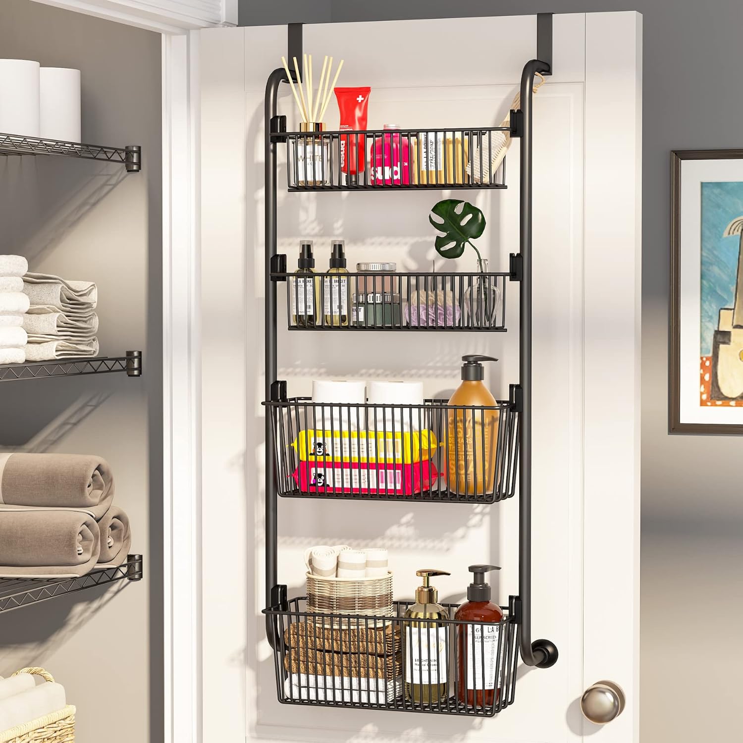 1Easylife Estante organizador sobre la puerta, 4 cestas de organización y almacenamiento de puerta de despensa, estante de especias de cocina de