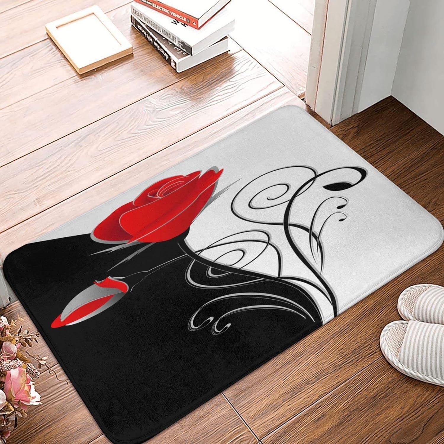 Alfombra de baño antideslizante vintage floral con flores rojas, rosa, negro y blanco, suave, peluda, de pelo bajo, alfombra para baño, ducha y