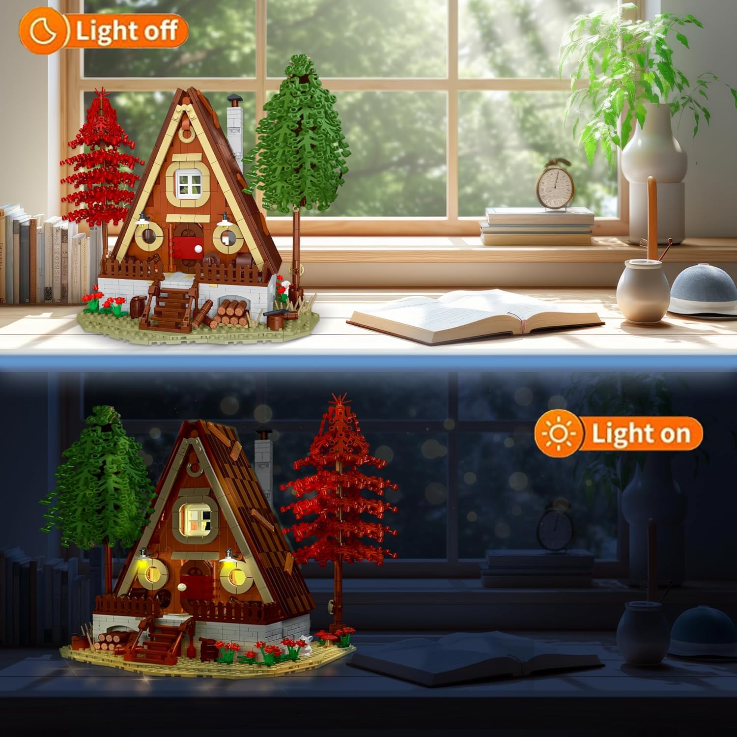 MOC – Juego de construcción de cabaña de madera con luces LED, MOC Villa Chalet Construcción, Kit de construcción de casa de cabaña con iluminación