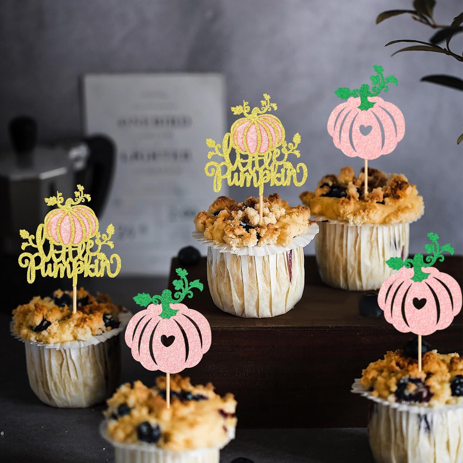 Ercadio Paquete de 24 adornos para cupcakes de calabaza con purpurina rosa, decoración de cupcakes de calabaza de otoño para el día de Acción de