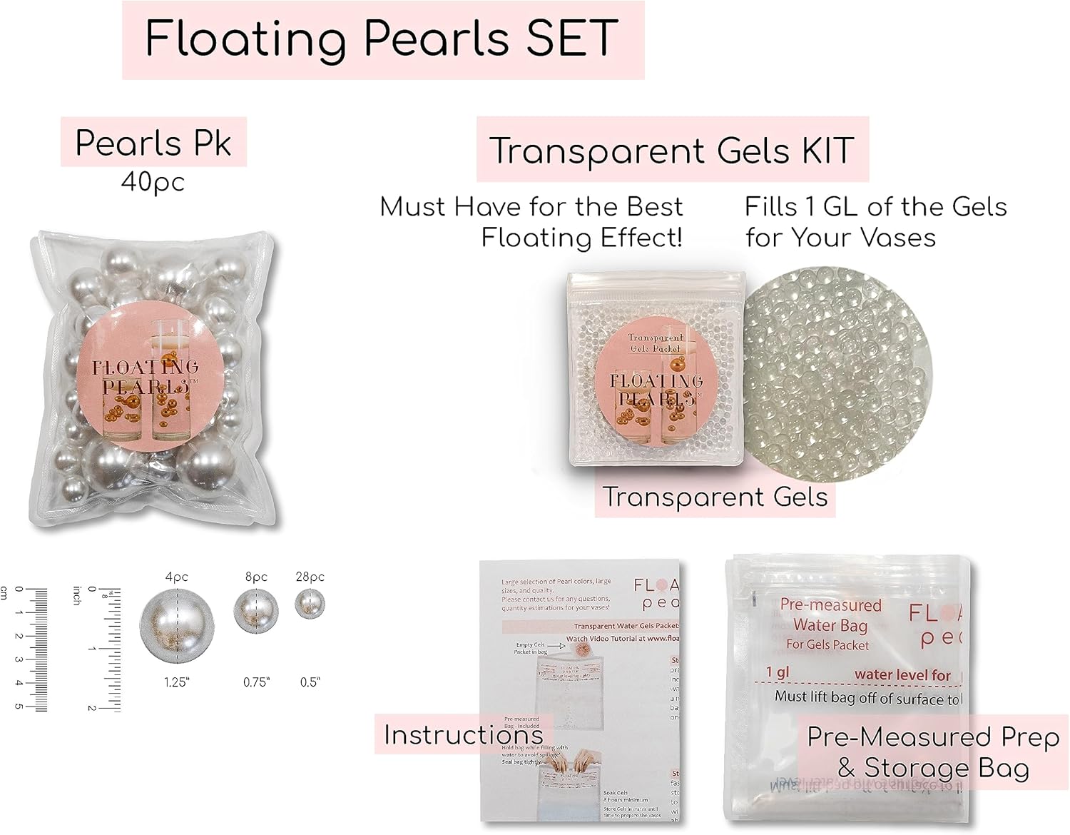 Perlas plateadas flotantes  Brillantes  Tamaños Jumbo  con kit de geles de agua transparentes imprescindibles para el mejor efecto flotante  Llena 1