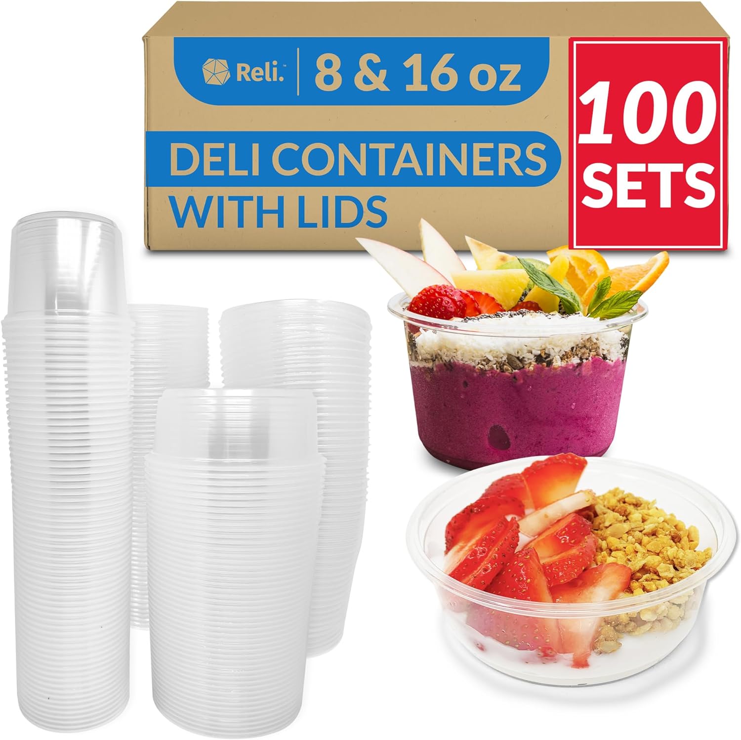 Reli. Recipientes de delicatessen con tapas (100 juegos en total)  Paquete variado  8 onzas (50 juegos), 16 onzas (50 juegos), recipientes de