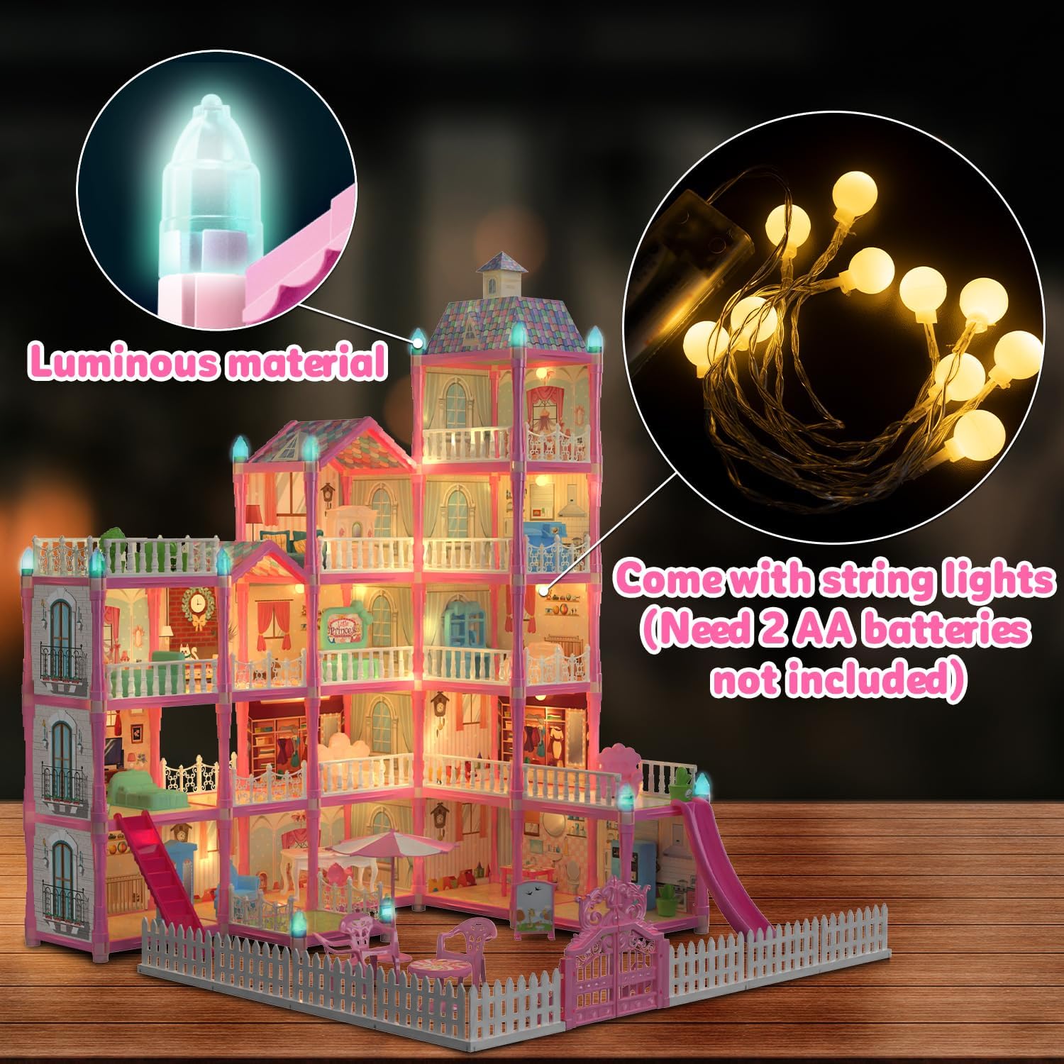 JoyZin 374 piezas de casa de muñecas casa de ensueño para niñas, casa de juegos de princesa con luces, accesorios de muebles, juegos de simulación,