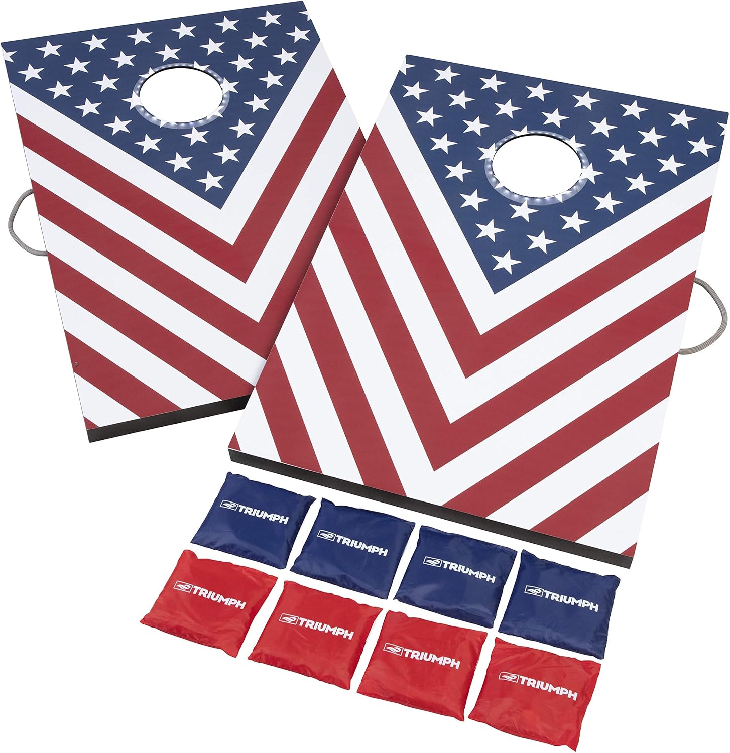 Juegos prémium de 2 x 3 para jugar al cornhole, opciones LED disponibles, 8 bolsas de granos para lanzar y también incluye los tableros de cornhole