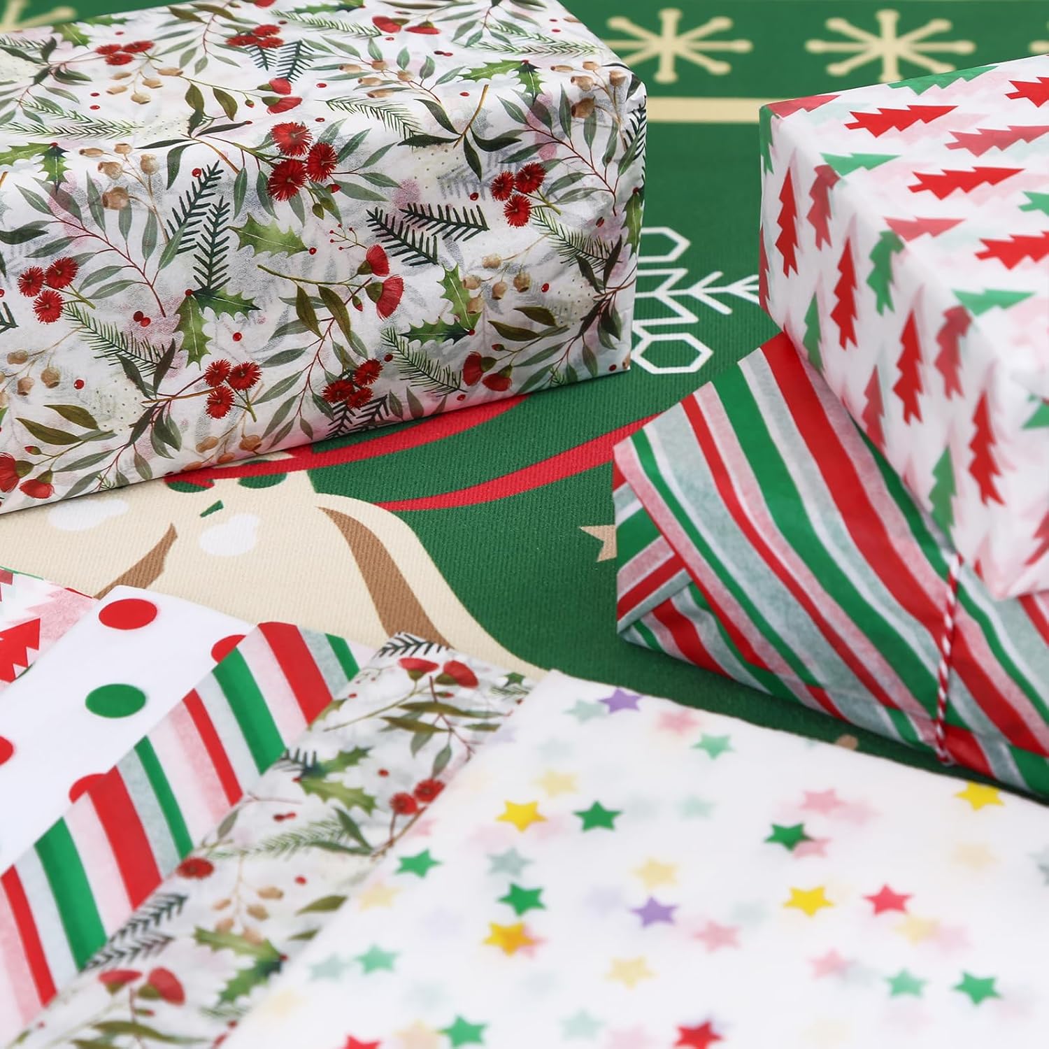 PAPER FAIR Juego de 100 hojas de papel de seda de regalo de estrella de Navidad, papel de seda surtido de regalos de Navidad, color rojo y verde,