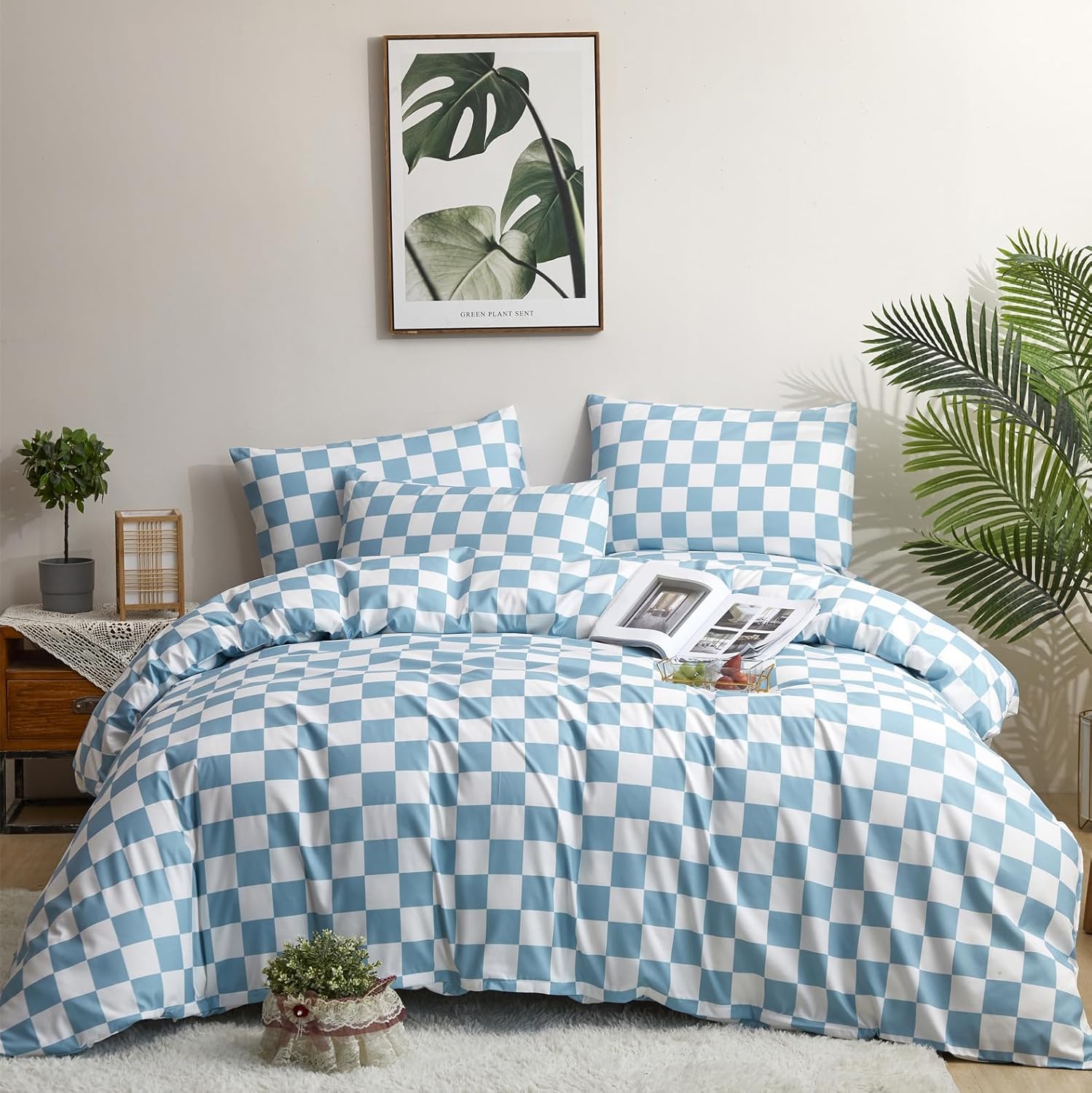 Juego de edredón de cuadrícula azul y blanco, juego de ropa de cama a cuadros azules y blancos para niñas, juego de edredón transpirable para niños,
