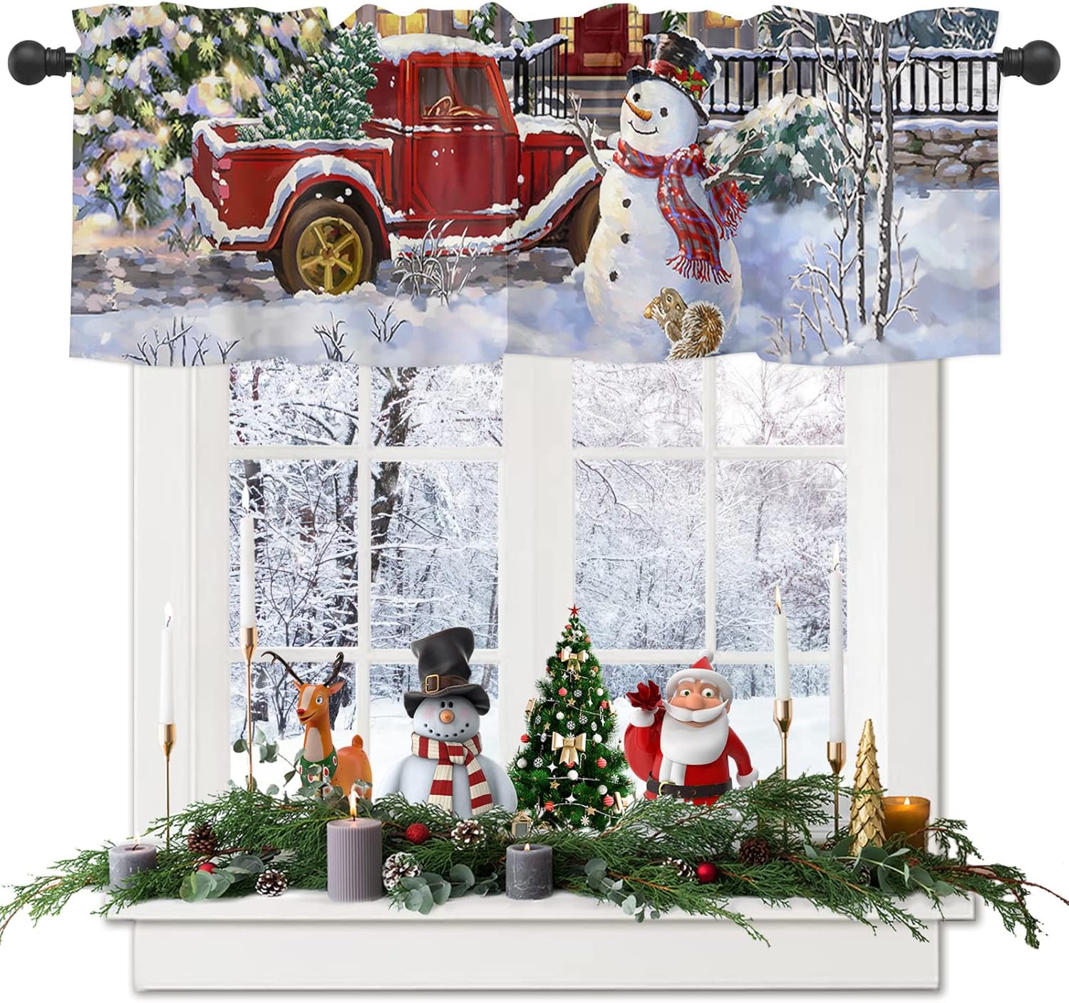 Cenefas de muñeco de nieve para ventana de cocina, camión rojo rojo con árbol de Navidad, cortinas cortas para decoración de invierno, vacaciones,
