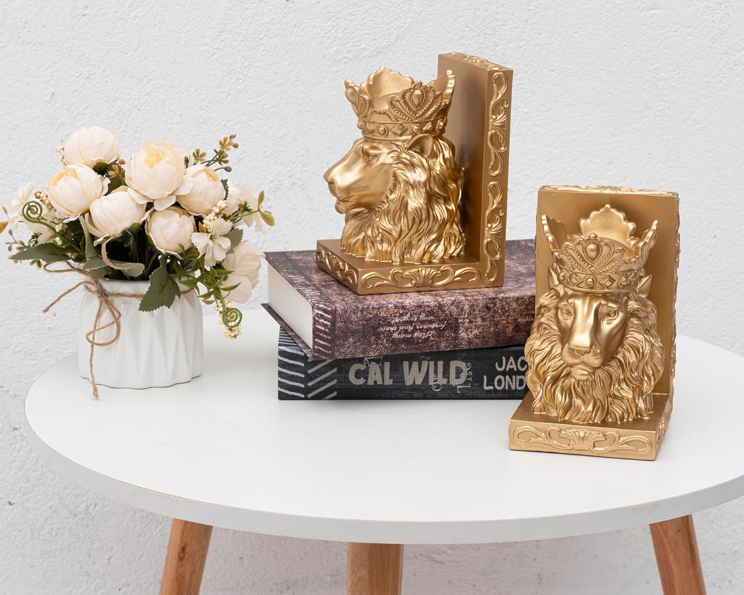 Sujetalibros decorativos de estatua de león (juego de 2) escultura de león corona para regalo de Leo, sujetalibros resistentes, extremos