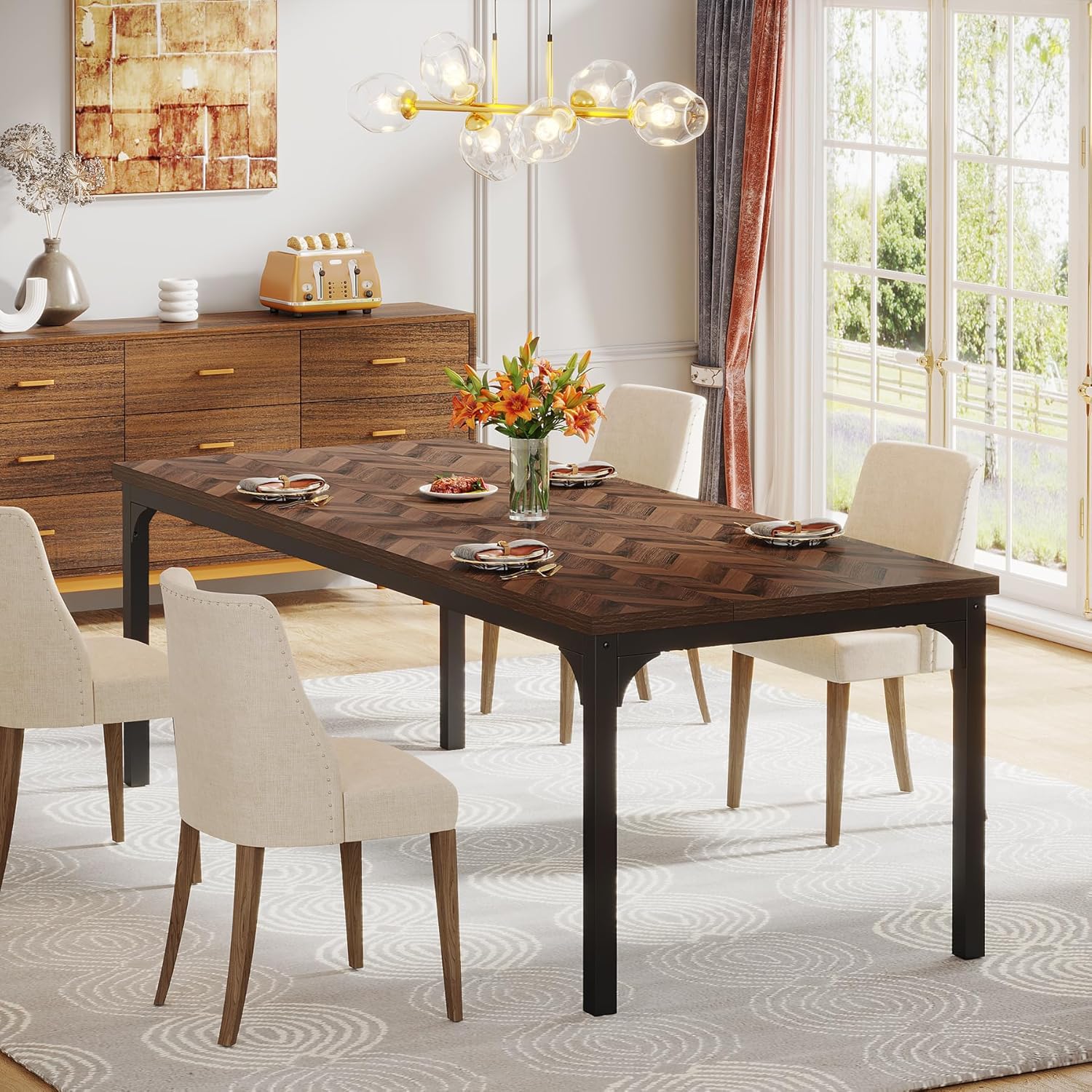 Tribesigns Mesa de comedor de granja para 6-8, 70.9 pulgadas, mesa de cocina rectangular de madera con patas de metal resistentes, mesa de comedor