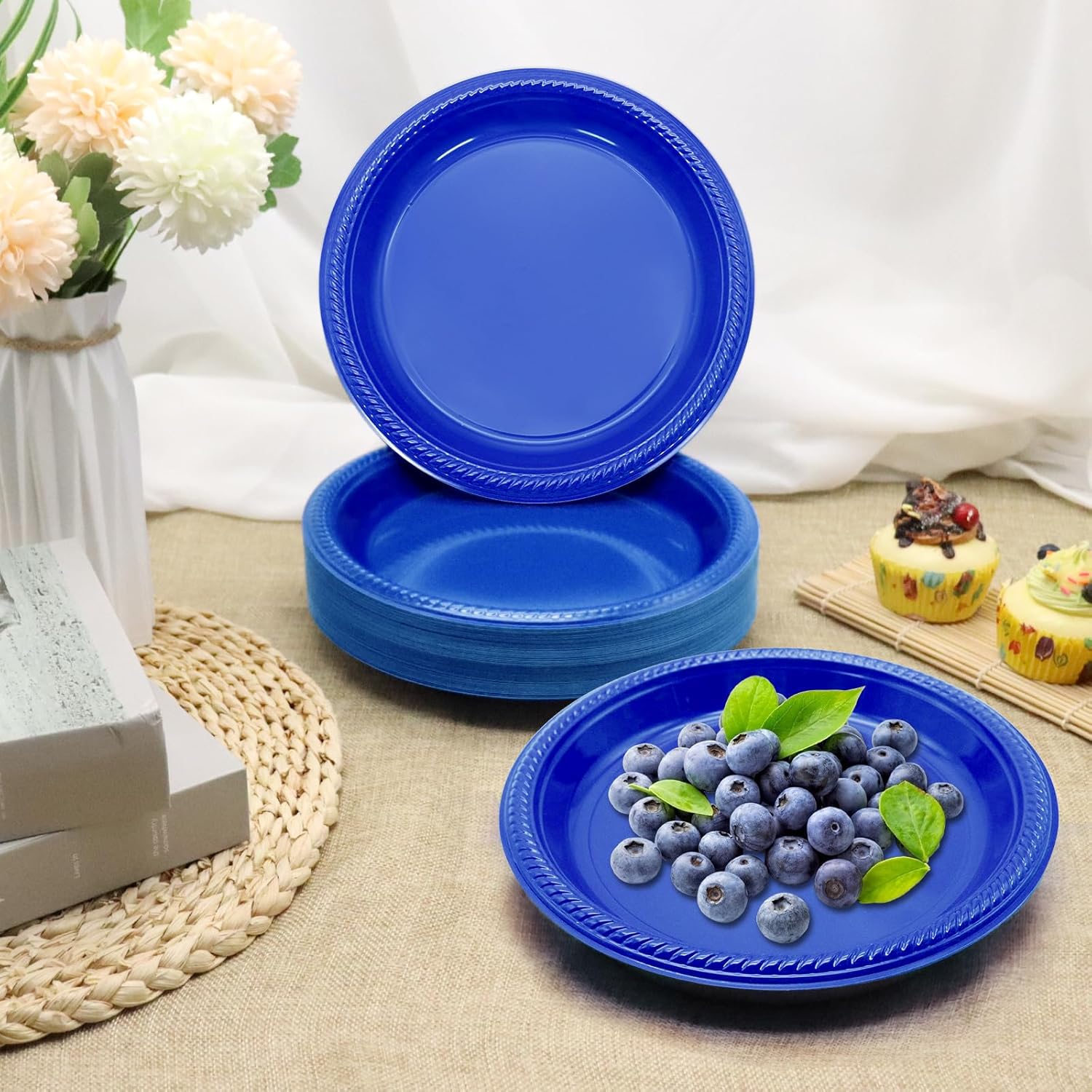 joy akkess Platos desechables de plástico azul para fiestas, platos de plástico azul oscuro de 9 pulgadas desechables para fiestas, 50 platos de