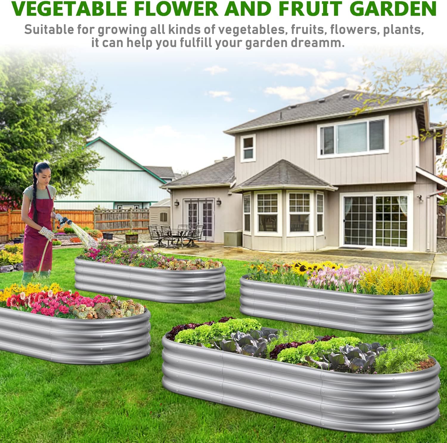 FRIZIONE Cama de jardín elevada de metal galvanizado de 6 x 2.3 x 1 pies para verduras, jardinera elevada para jardín al aire libre, jardinera