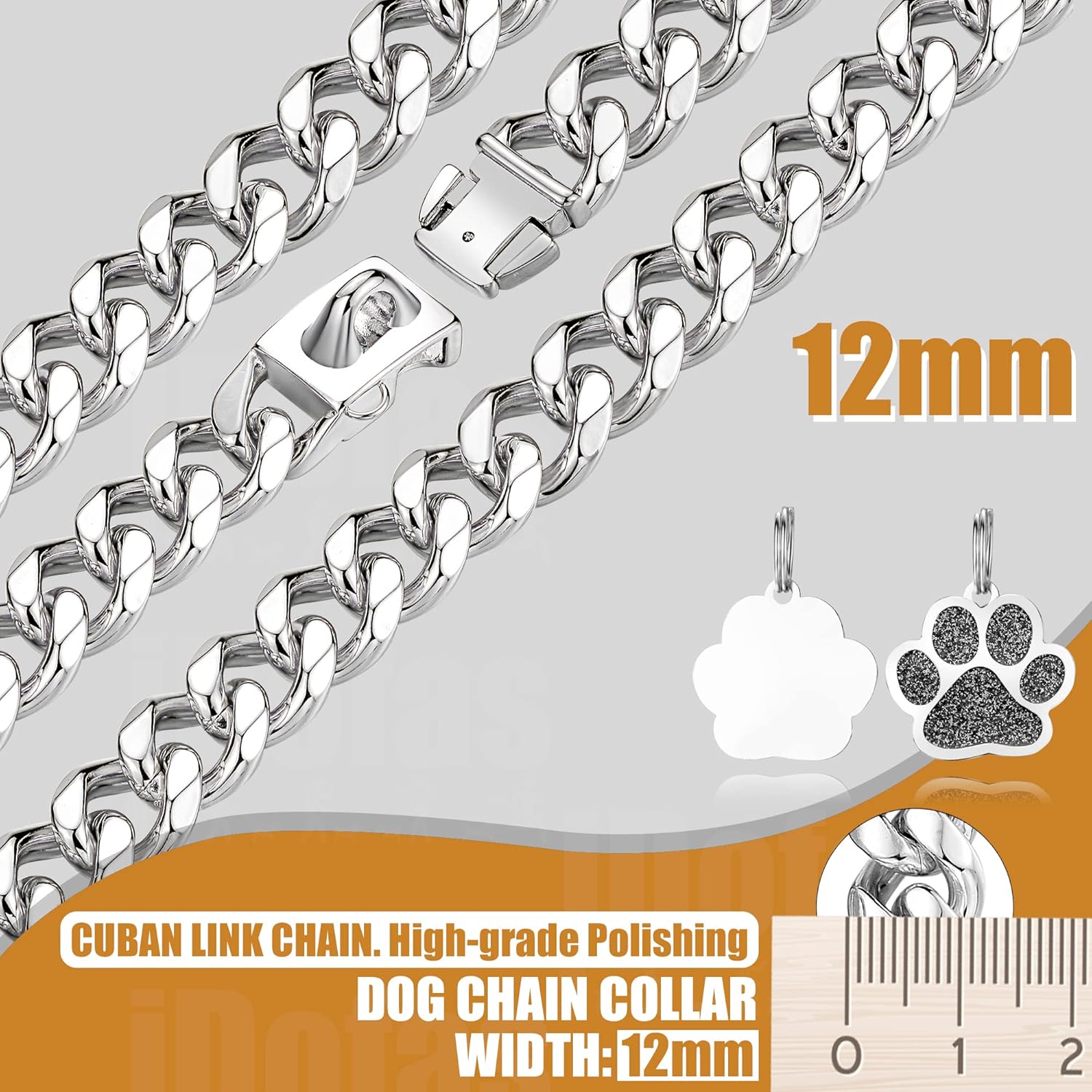 Collar para perro de 0.47 pulgadas con hebilla de placa de identificación de eslabones cubanos plateados, collares de cadena de acero inoxidable