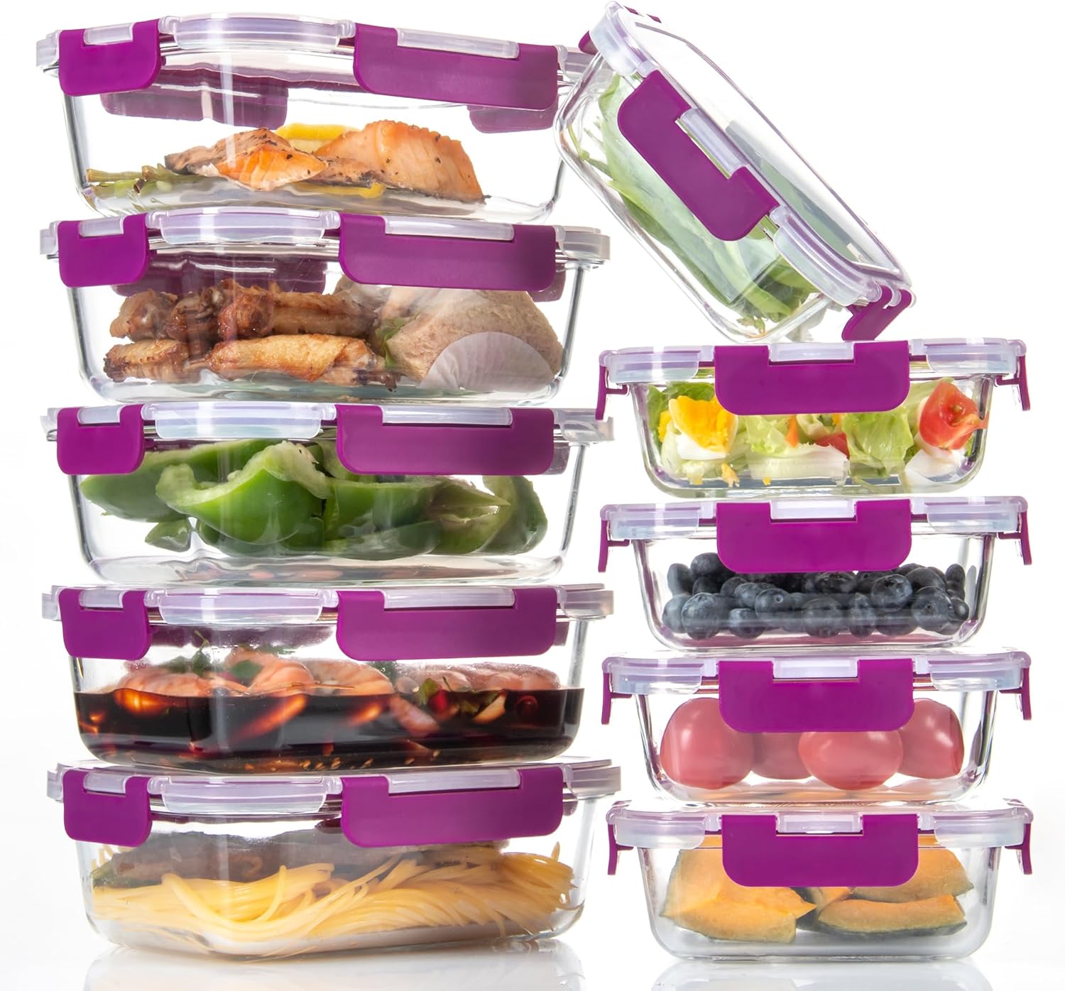 C CREST Paquete de 10 recipientes de vidrio para preparación de comidas con tapas de bloqueo, 5 x 32 onzas + 5 x 12 onzas, ideales para