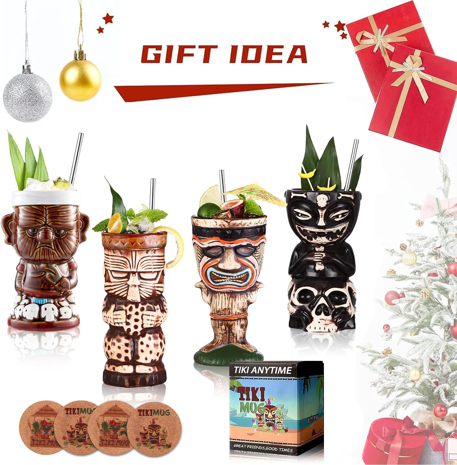 Juego de 4 tazas Tiki para cóctel, vasos de cerámica Tiki para fiesta de estilo hawaiano, vasos tropicales para barras Mai Tai, Luaus y Tiki.