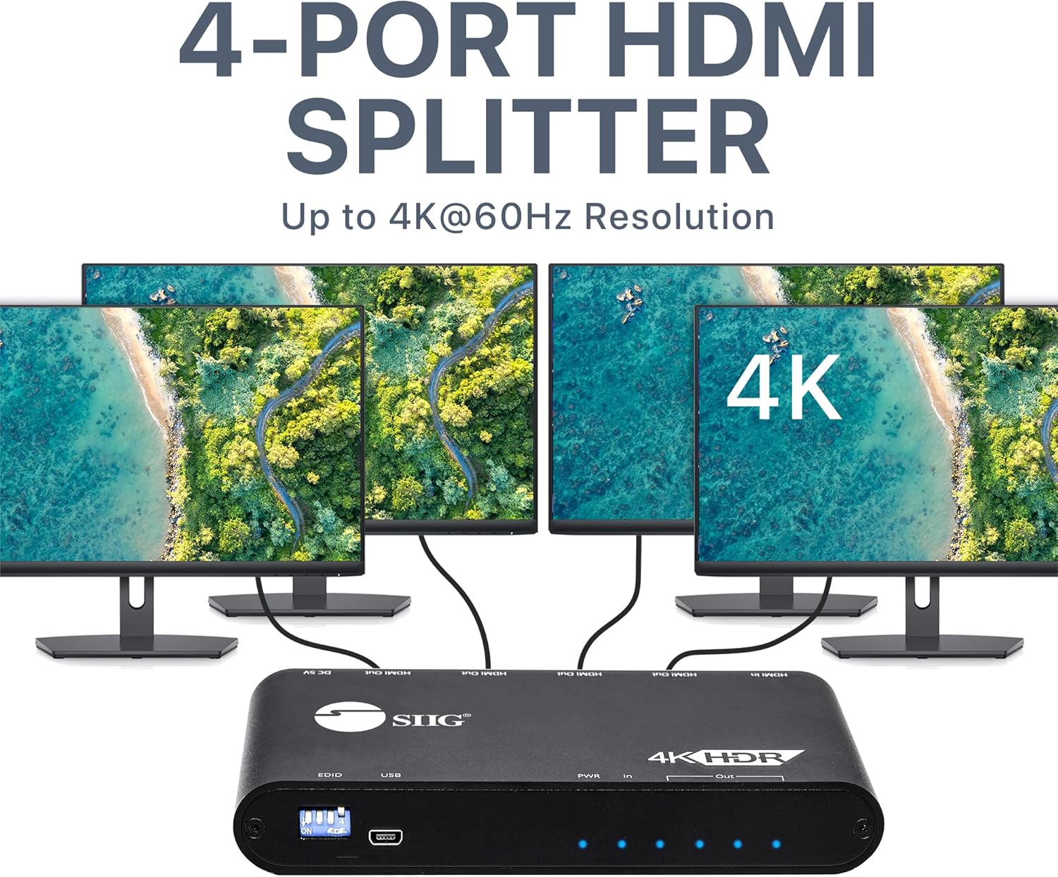 SIIG Divisor HDR 1×4 HDMI 4K 60Hz con gestión EDID  YUV 444 8 bits  YUV 420 10bit  HDMI 2.0, HDCP 2.2, 18Gbps  Escalado automático, bajo calor, en