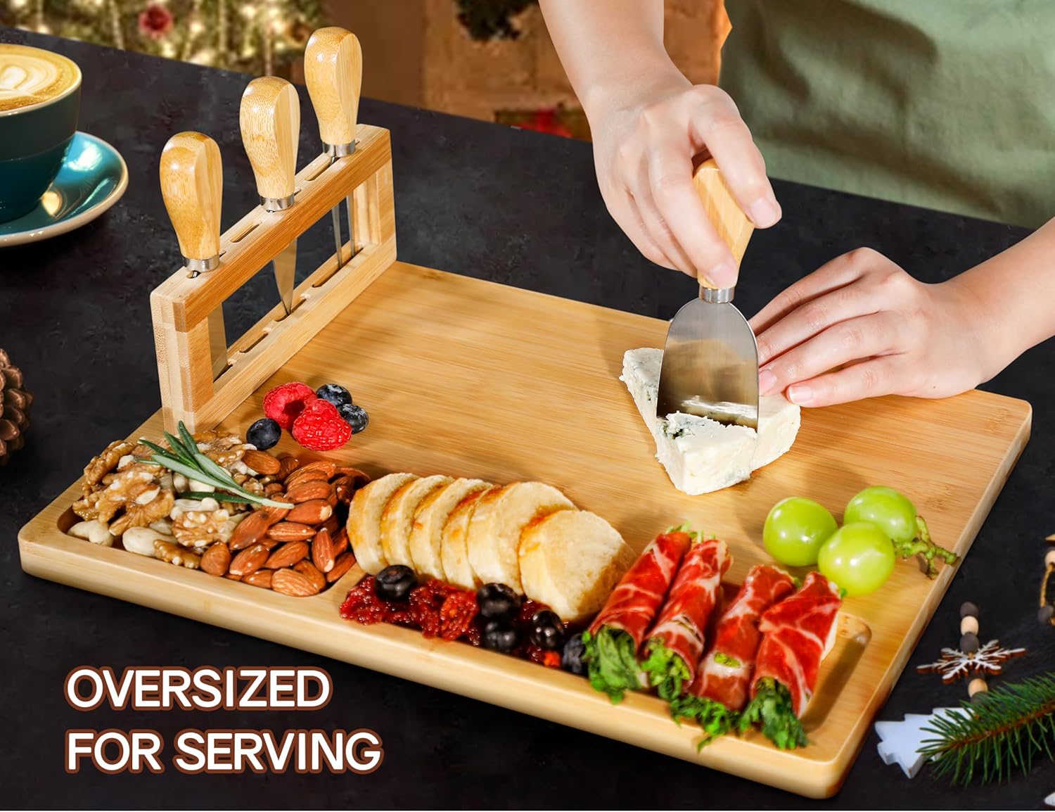 Easoger Juego de tabla de queso y cuchillos, tablas de charcutería extra grandes con soporte magnético para cuchillos, plato de queso regalo para