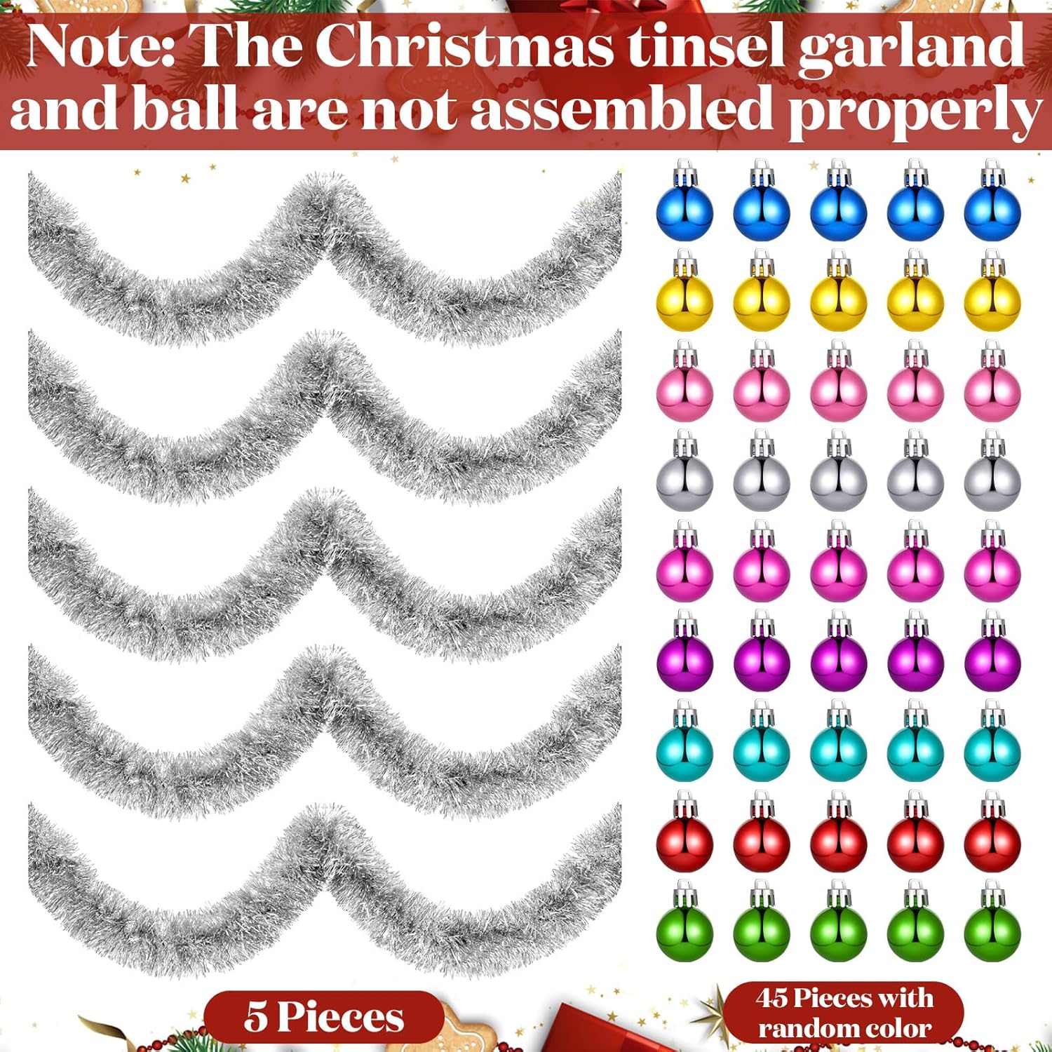 5 guirnaldas de oropel de Navidad de 33 pies, guirnalda metálica con espiral de árbol de bolas, serpentinas metálicas, bolas de Navidad, decoración