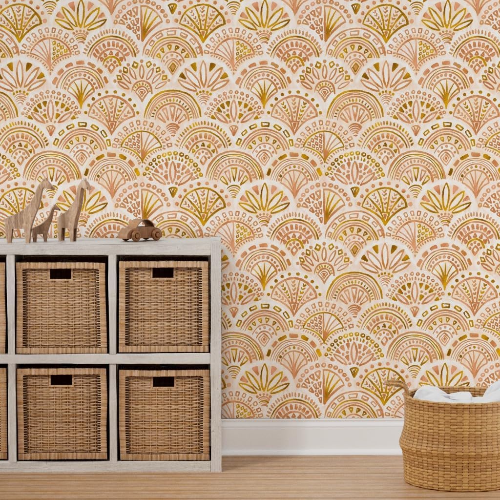 Spoonflower Peel & Stick Wallpaper Swatch – Seashell Geometry Gold Circles Geometric Dots Triangles Neutral Custom Removable Wallpaper