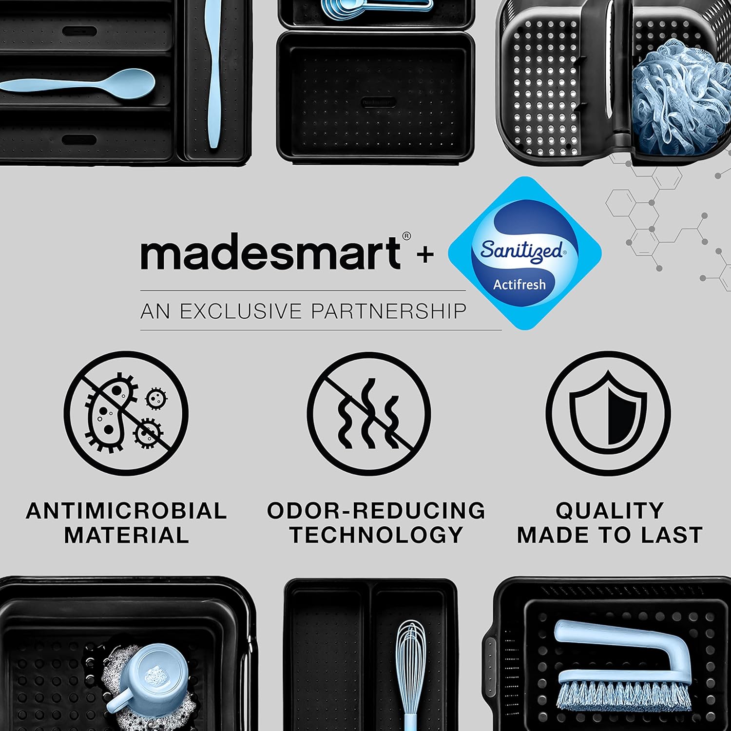 madesmart Contenedores antimicrobianos transparentes de alta calidad con agarre suave de 14 x 4 pulgadas, antideslizantes, cajón, organización