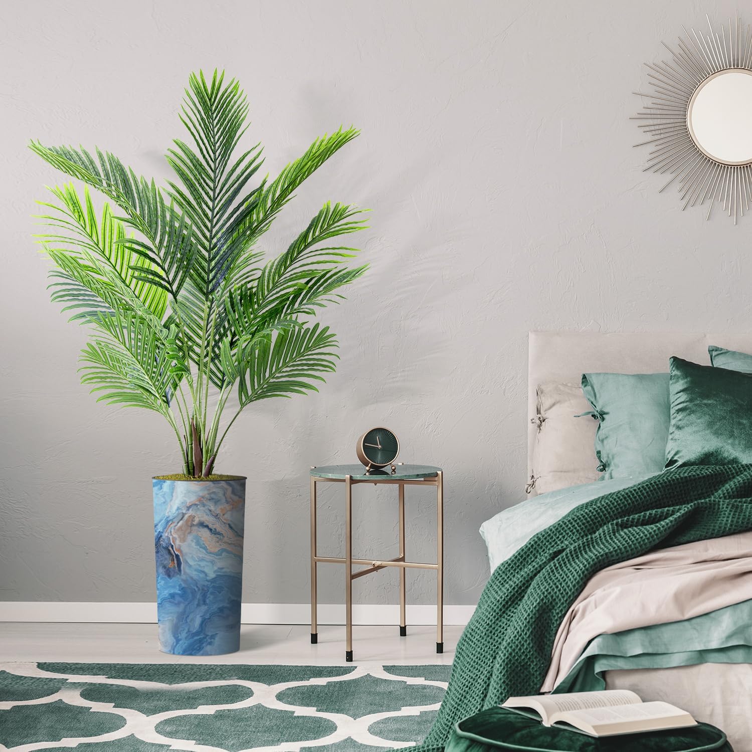 Árbol artificial en macetero con efecto de granito moderno, palmera tropical areca artificial de seda para decoración del hogar en interiores y