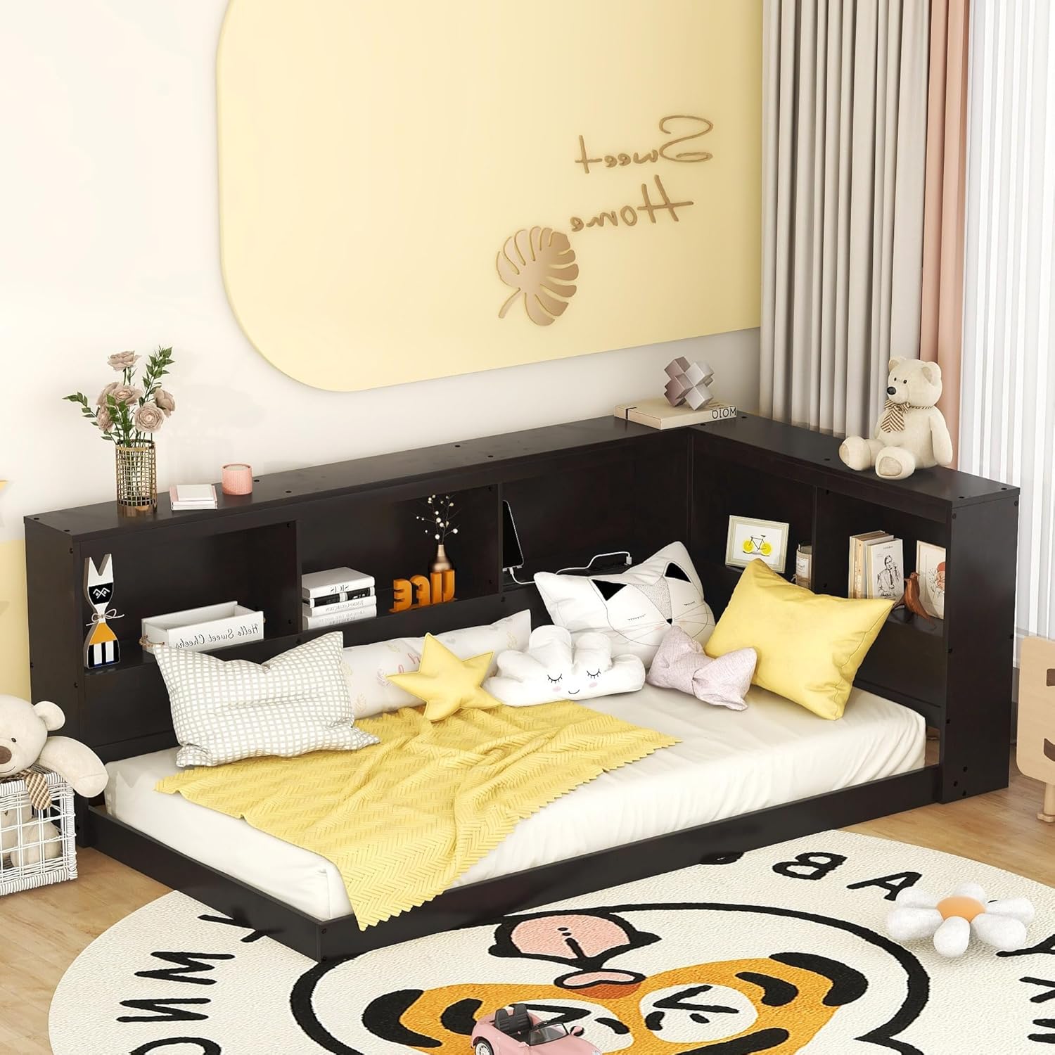 Sofá cama con cabecera de estantería, marco de cama esquinero de tamaño individual con estación de carga, cama de plataforma de madera con