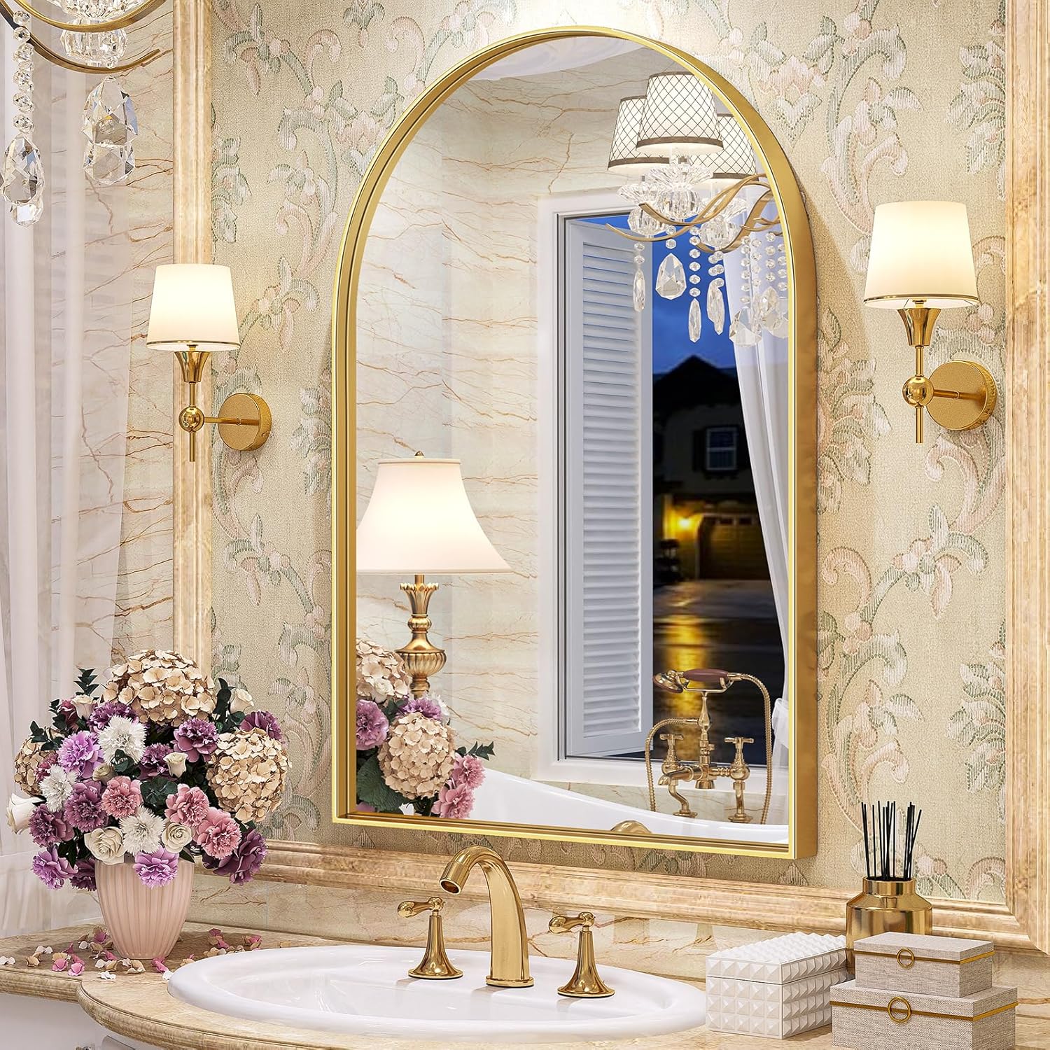 Brightify Espejo arqueado, espejo de pared arqueado, 23.9 x 31.9 pulgadas, espejo de arco dorado con marco de metal, espejo de baño con parte