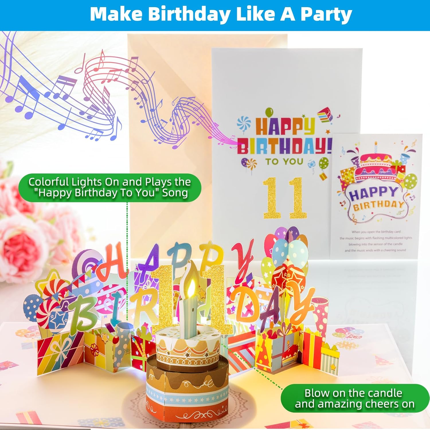 Gumry Tarjeta de cumpleaños número 11, tarjeta desplegable de cumpleaños musical soplable con luz LED, canción “Happy”, decoraciones de cumpleaños