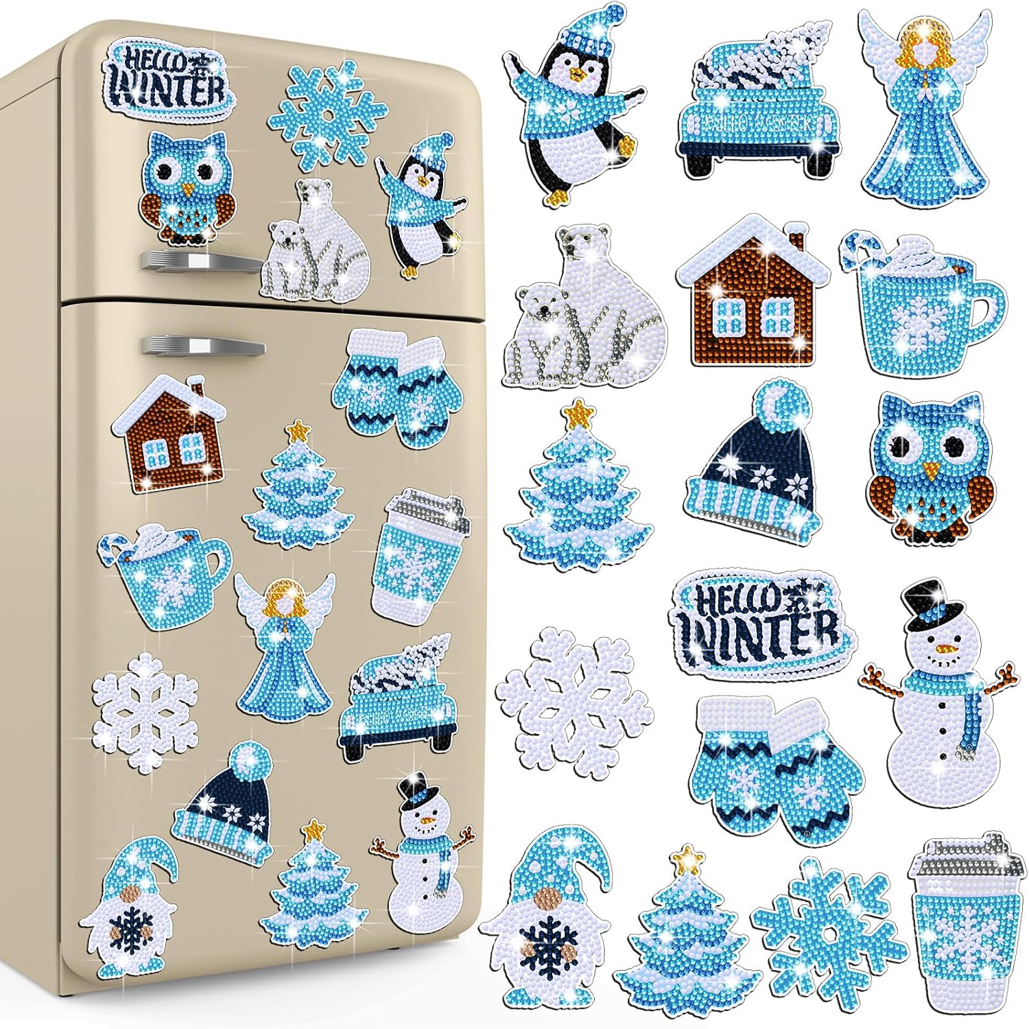 16 piezas de arte de diamantes de invierno para refrigerador, pintura de diamantes de Navidad, imanes de pingüino de invierno, copos de nieve,