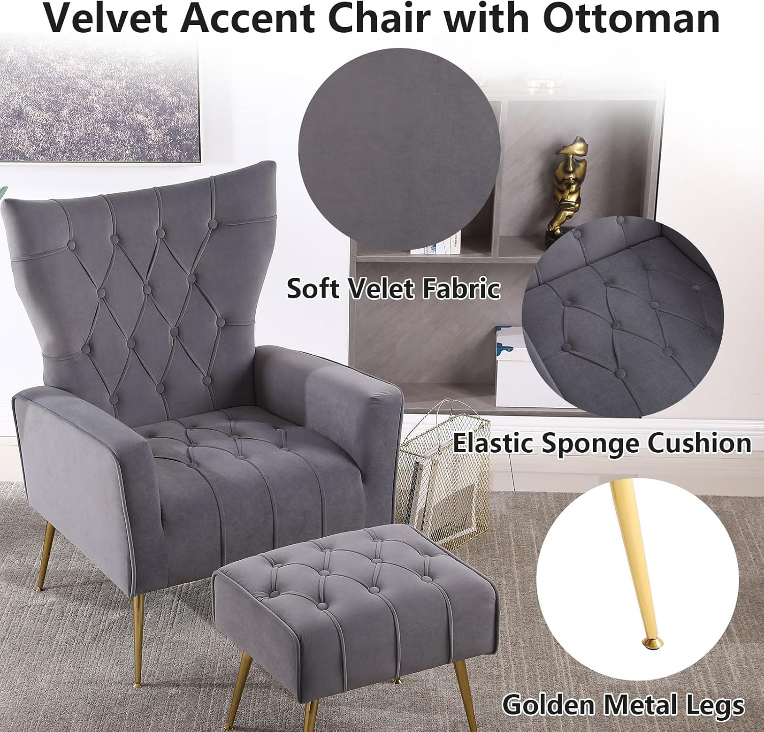 ODUWA Silla decorativa de terciopelo con otomana, sillas decorativas modernas con reposabrazos y respaldo, silla capitoné con botones, sillón