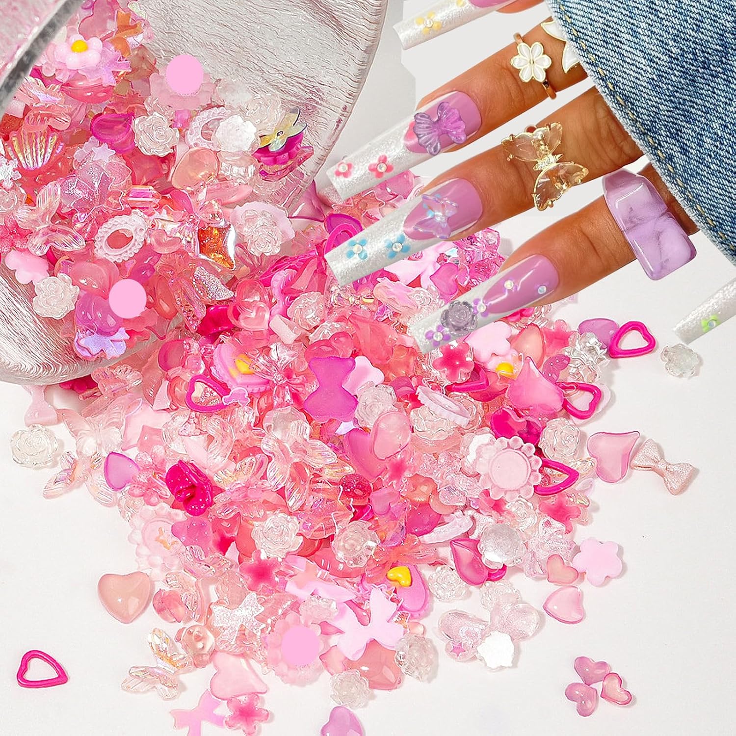 300 piezas surtidas de acrílico multiformas, corazón rosa, flor, mariposa, lazo, 3D, dijes de uñas huecas, perlas huecas, dijes de uñas para
