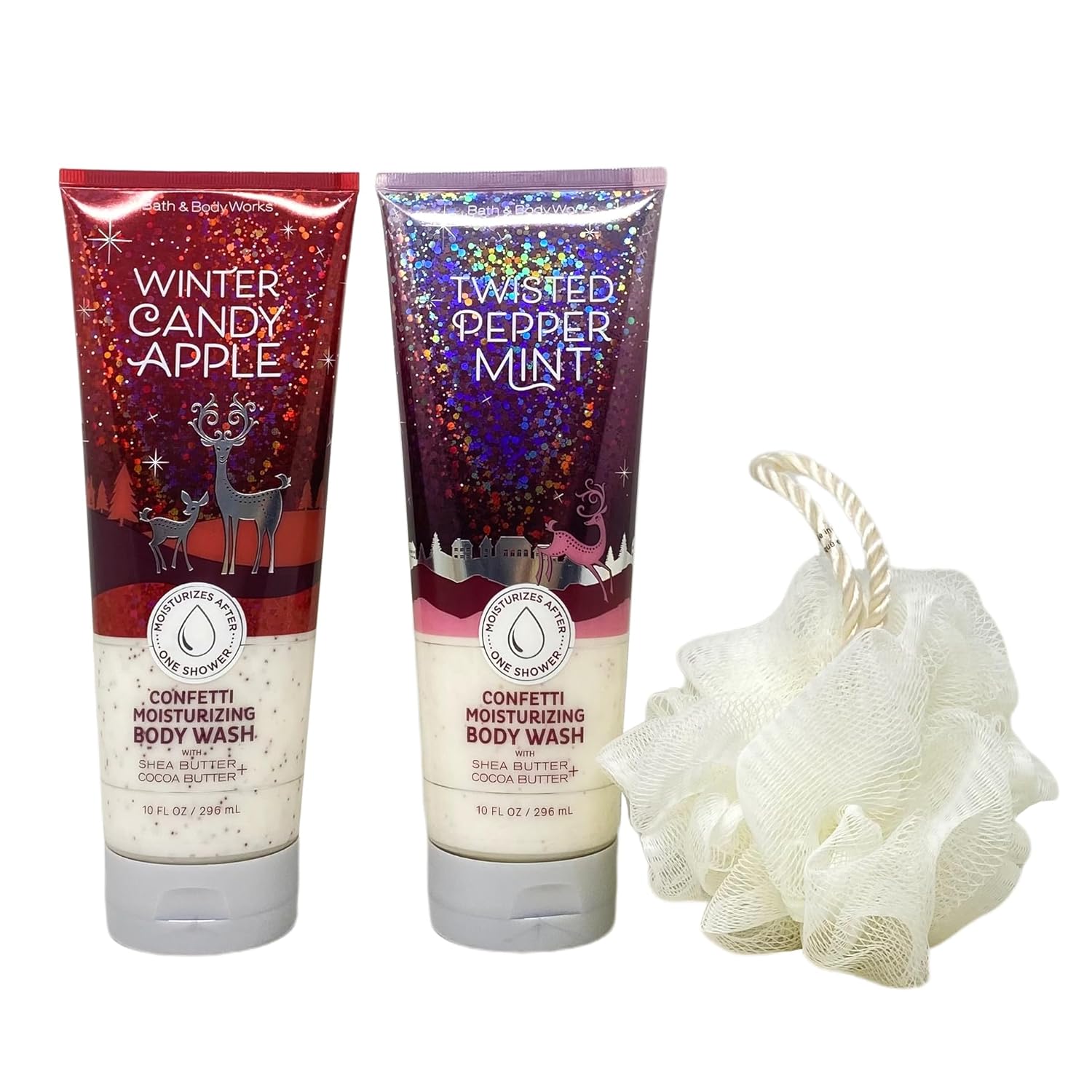 Bath & Body Works Juego de 2 gel de baño hidratante de confeti con una esponja de ducha, manzana de caramelo de invierno y menta torcida.