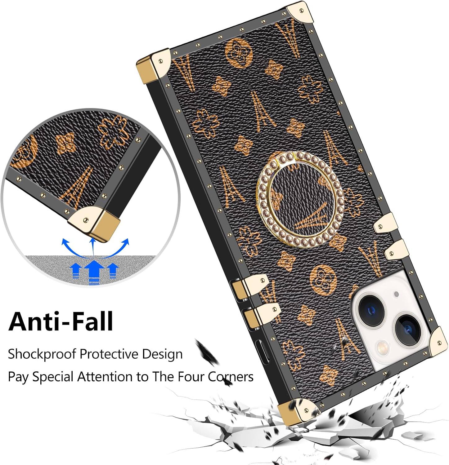 WOLLONY Funda cuadrada compatible con iPhone 15, elegante y lujosa funda para teléfono con soporte de anillo para mujeres y niñas, TPU suave,