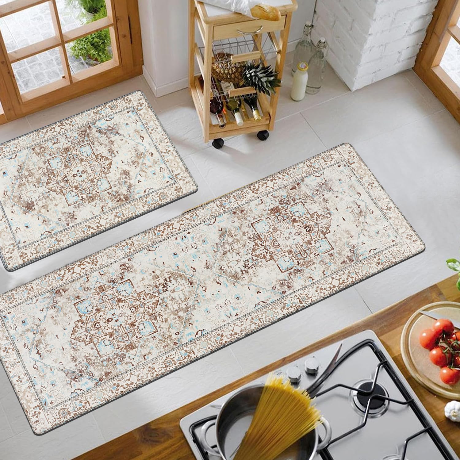 Cekene Juego de 2 alfombras y tapetes acolchados para cocina, antifatiga, tapetes de cocina para piso, tapetes de cocina estilo bohemio de granja,