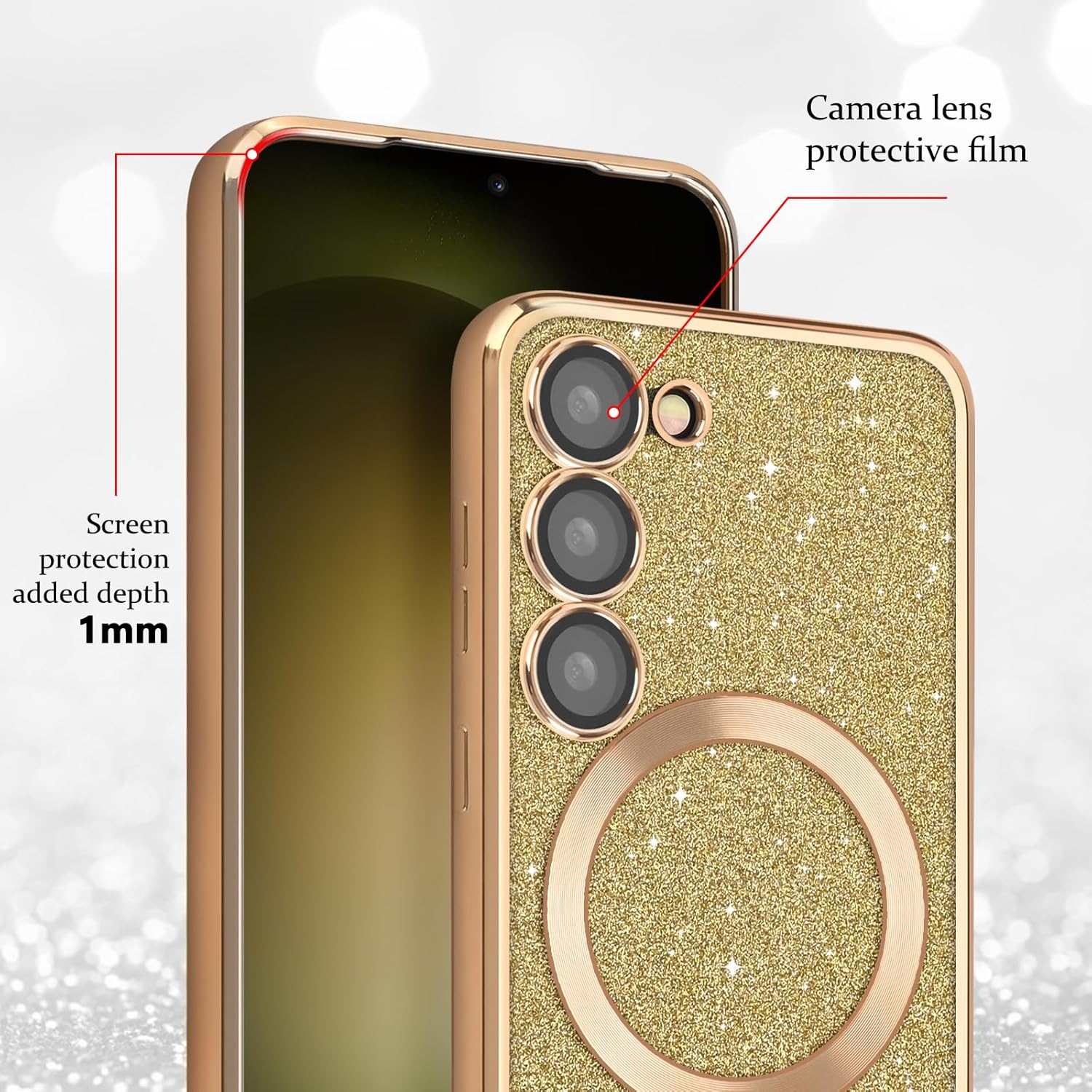 Newseego Funda magnética para Samsung Galaxy S23, funda con purpurina brillante, TPU suave, protección completa de la lente de la cámara, funda
