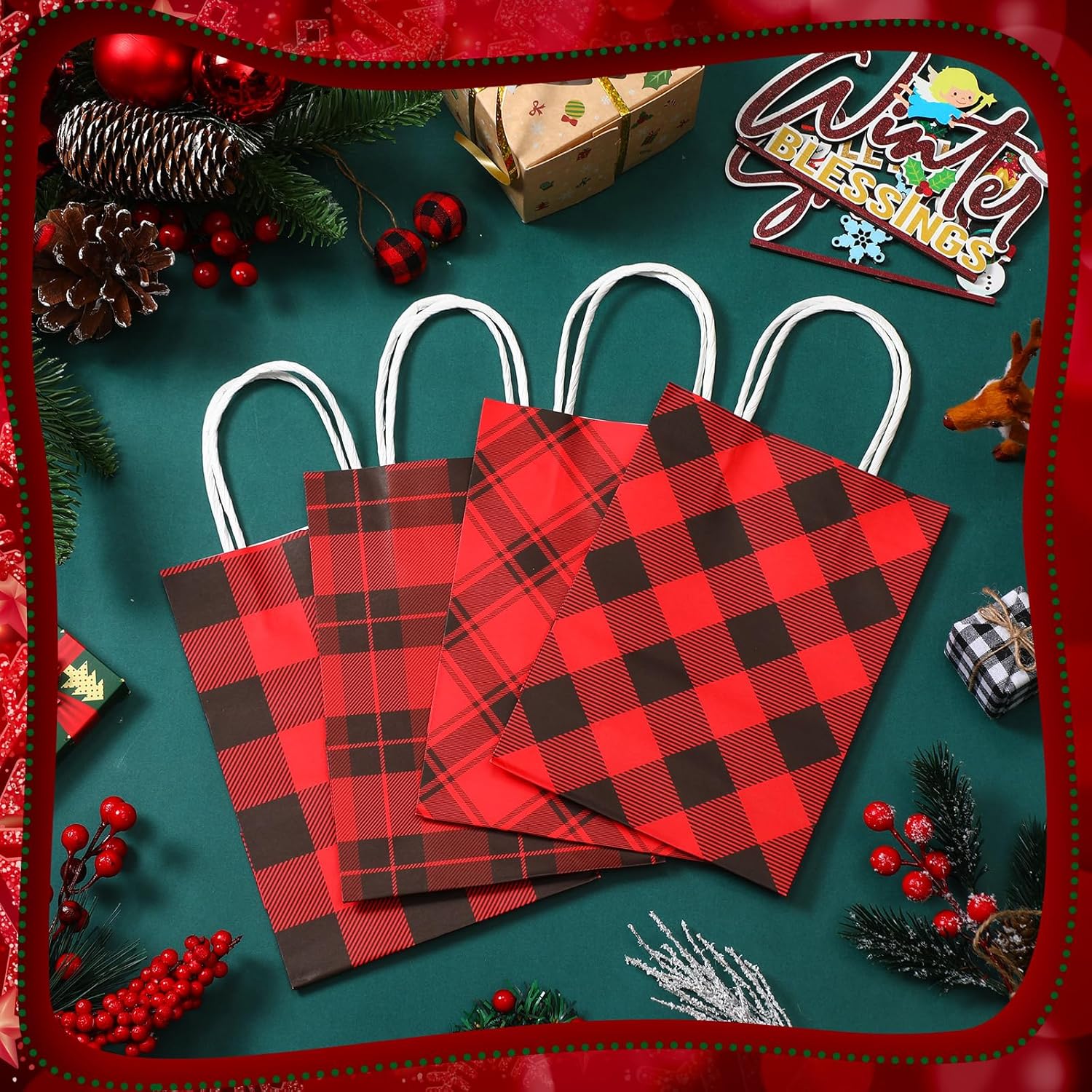 Zhanmai 120 bolsas de regalo de Navidad, color negro y rojo, bolsas de papel kraft de búfalo a cuadros, bolsa de papel kraft de Navidad, bolsas de
