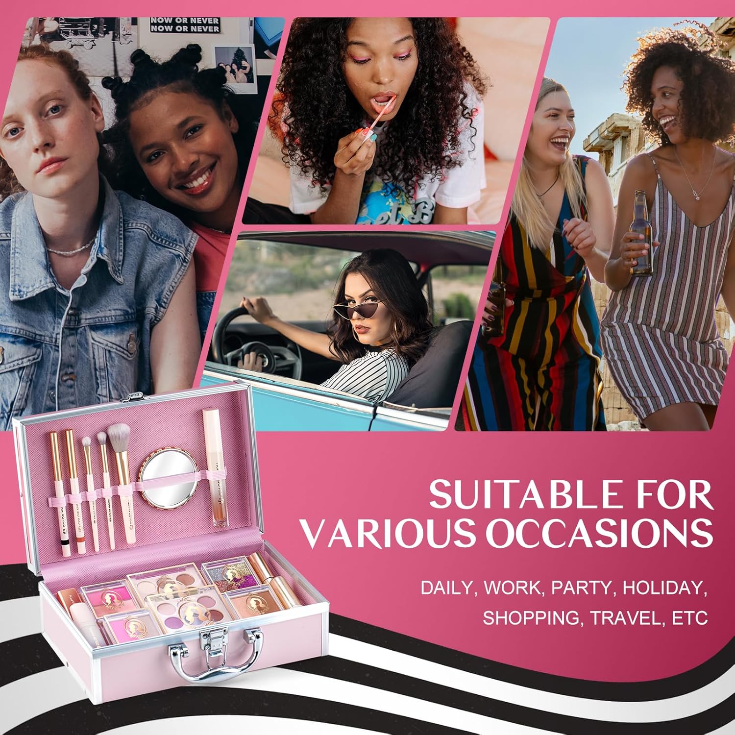 Color Nymph Kits de maquillaje para niñas para adolescentes con estuche de tren retro rosa, incluye paletas portátiles de sombra de ojos con