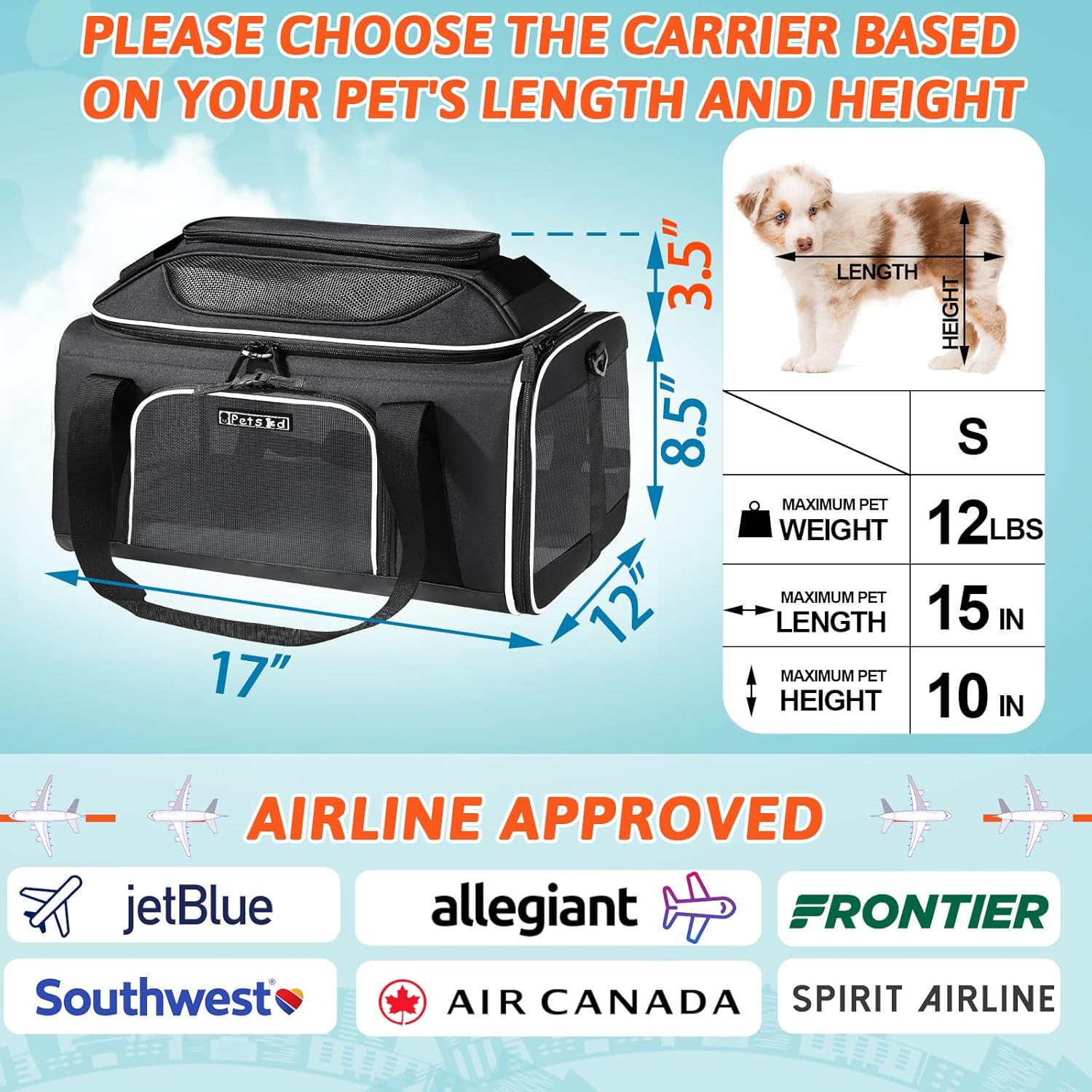 Petskd Transportador de mascotas extensible superior de 17 x 12 x 8.5 pulgadas, aprobado por aerolíneas JetBlue Allegiant Spirit, portador de lados