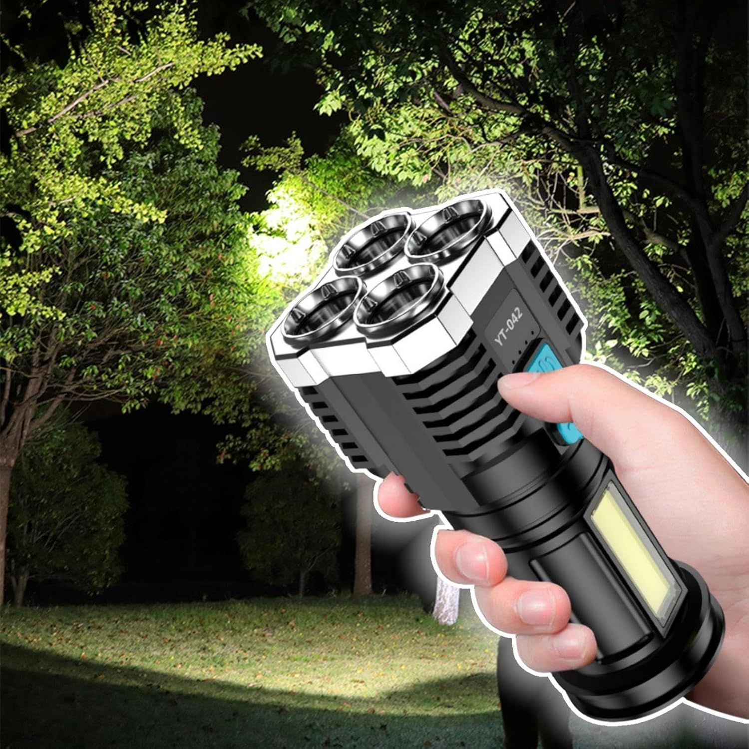 4 LED de mano para exteriores de 1000 lúmenes, funciona con batería de 1200 mAH, Tactic-al – Potente linterna recargable de largo alcance de hasta