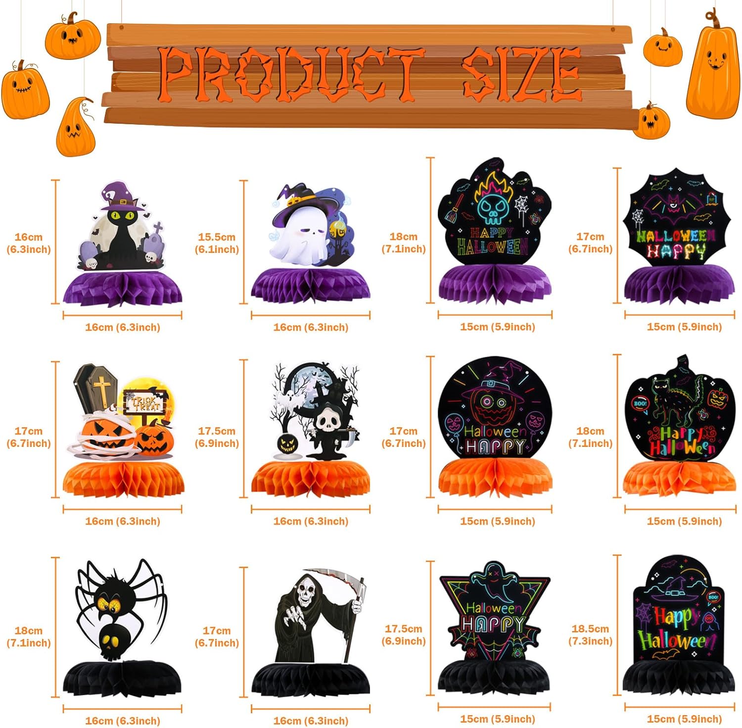 LIHAO Centros de mesa luminosos de panal de abeja de Halloween, 12 piezas para fiestas, decoraciones de Halloween, fantasma, calabaza, calavera,