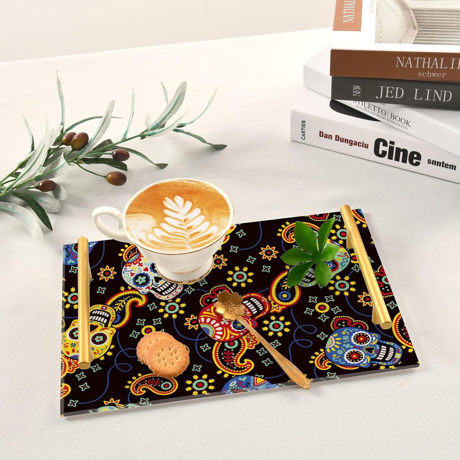 Colorful Skull Vanity Tray Rectangle Acrylic Bathroom Tray Serving Trays for Centerpieces Modern Home Decor for Kitchen Bathroom Bedroom Living Room