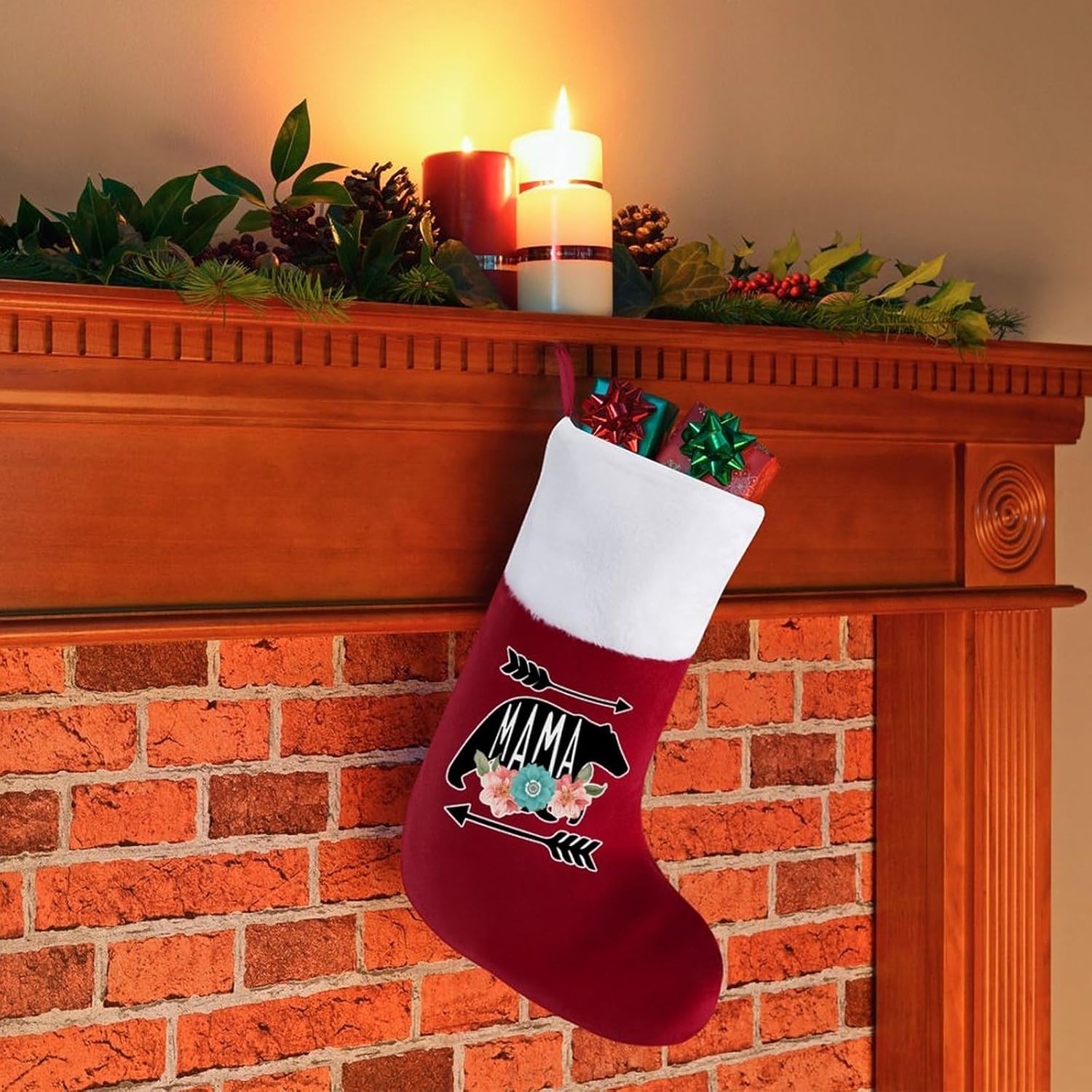 Calcetines de Navidad personalizados con diseño de mamá oso para chimenea, decoración de fiestas navideñas