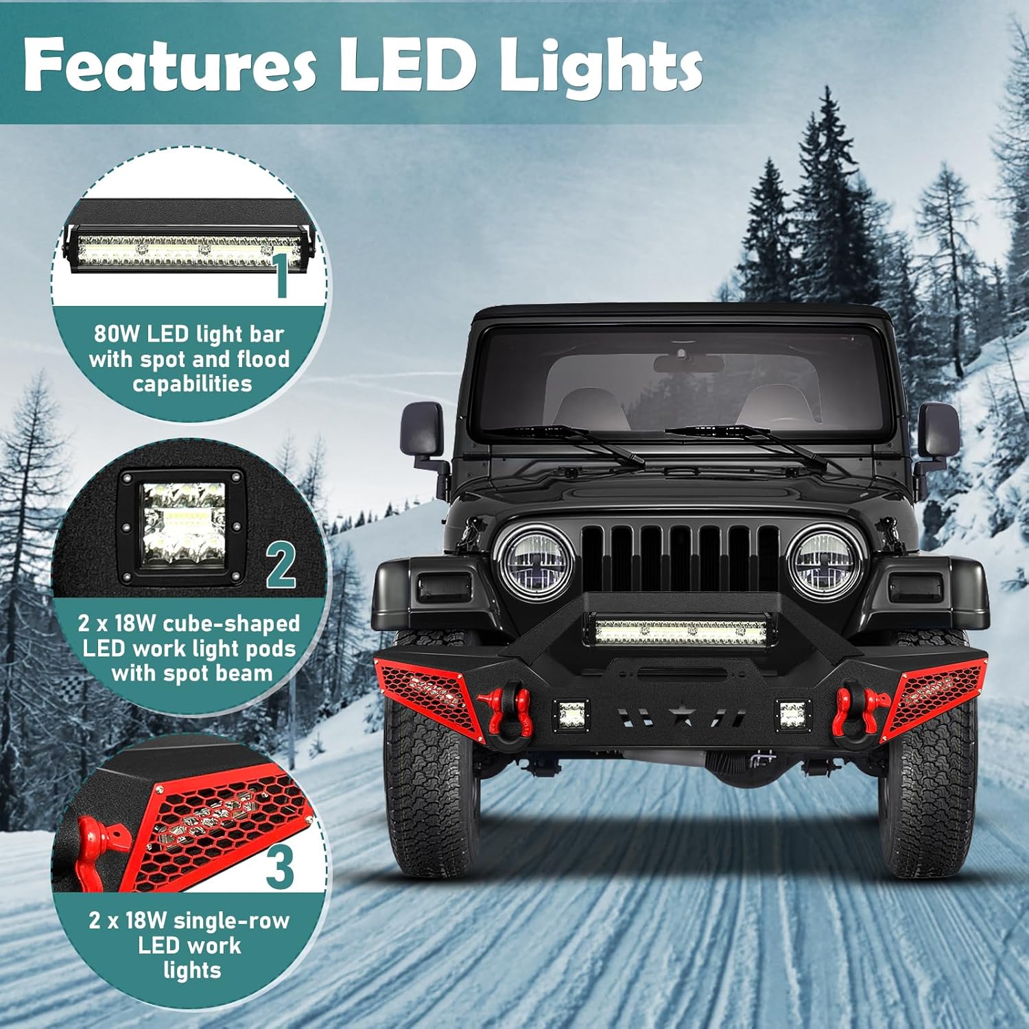 Parachoques delantero todoterreno compatible con Jeep Wrangler TJ YJ LJ Rock 1987-2006, placa de cabrestante integrada, armadura pintable, 1 luz LED