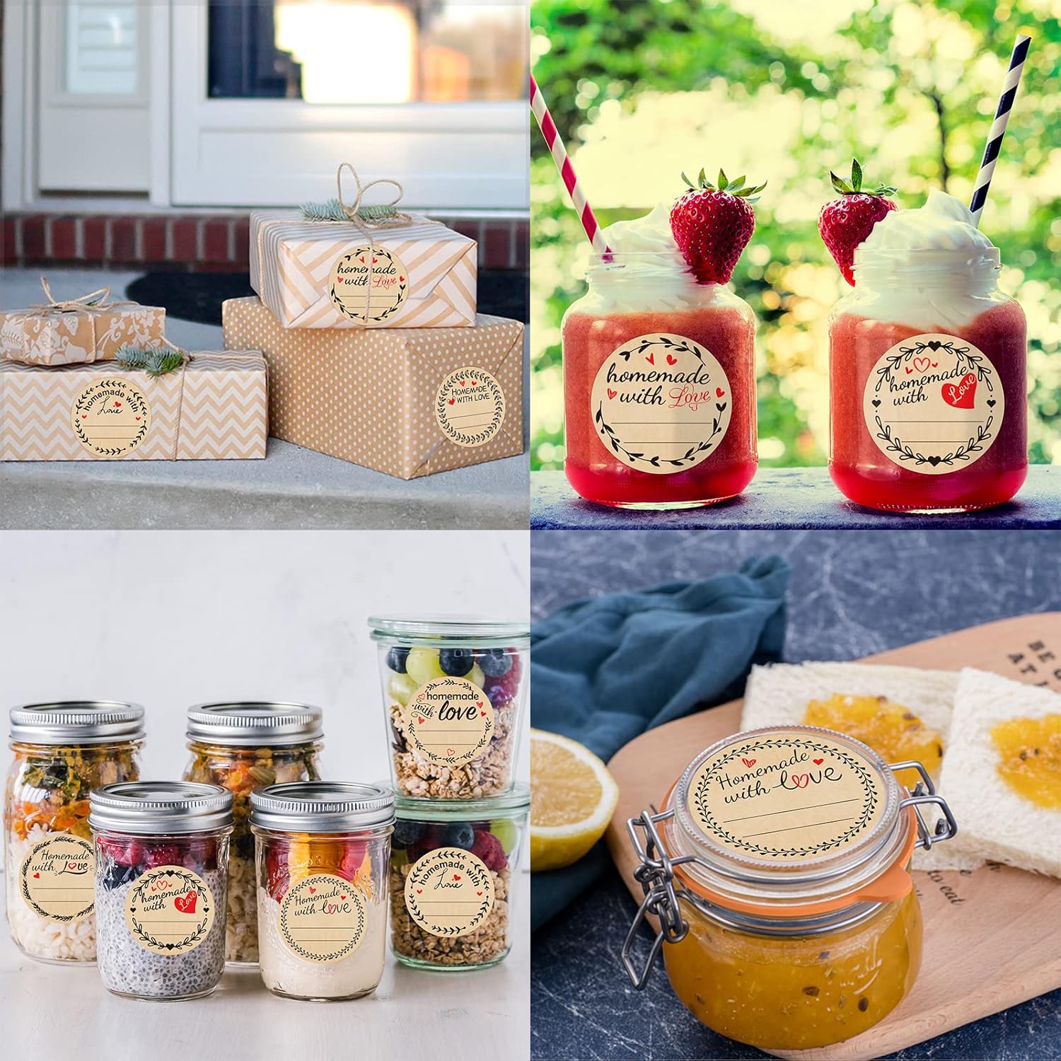 500 calcomanías caseras con amor con líneas, etiquetas para conservas de frascos para envases horneados, bolsas de galletas, rollo de 2 pulgadas