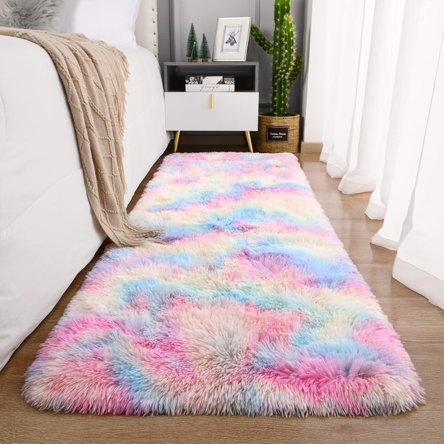 Ompaa Alfombra suave y esponjosa de arco iris para dormitorio de niñas, alfombras Kawaii de teñido anudado para niños, para adolescentes, estética,
