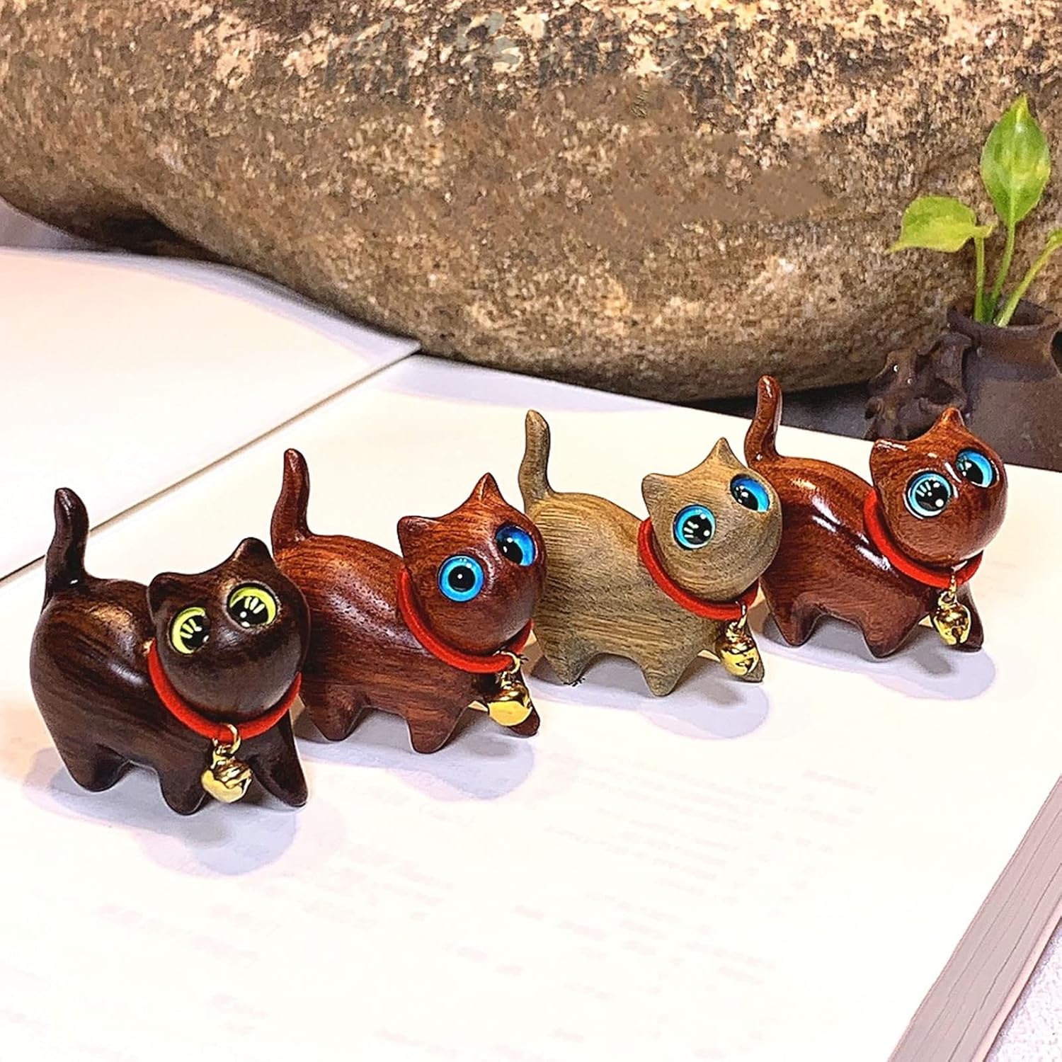 4 esculturas de gato de palisandro, gatito tallado a mano, pequeña figura de gato de madera hecha a mano para manualidades, decoración del hogar,