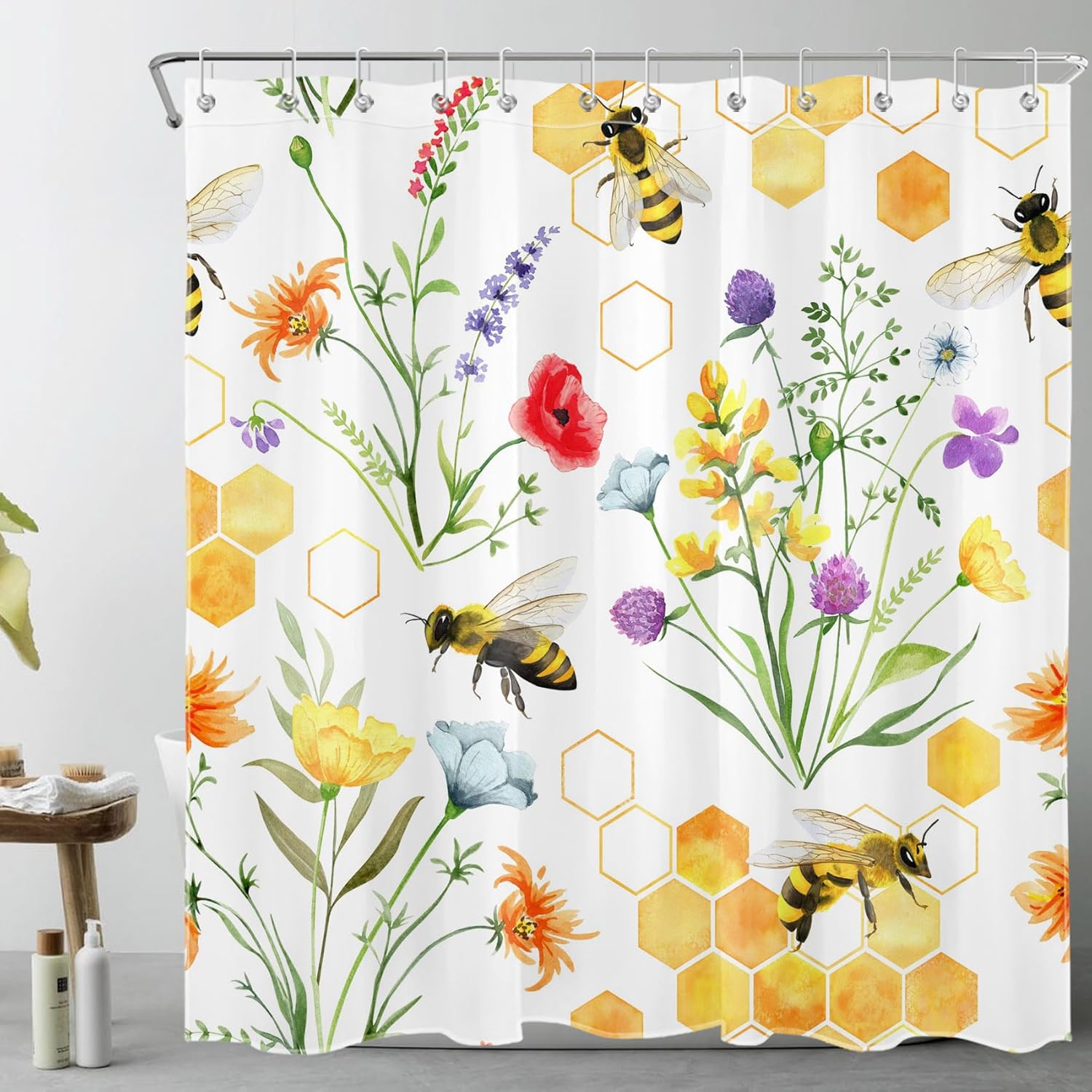 LB Aesthetic Wildflower Shower Curtain Cute Bee Orange Honeycomb Shower Curtain Set with Hooks Floral Green Plant Waterproof Washable Fabric Shower